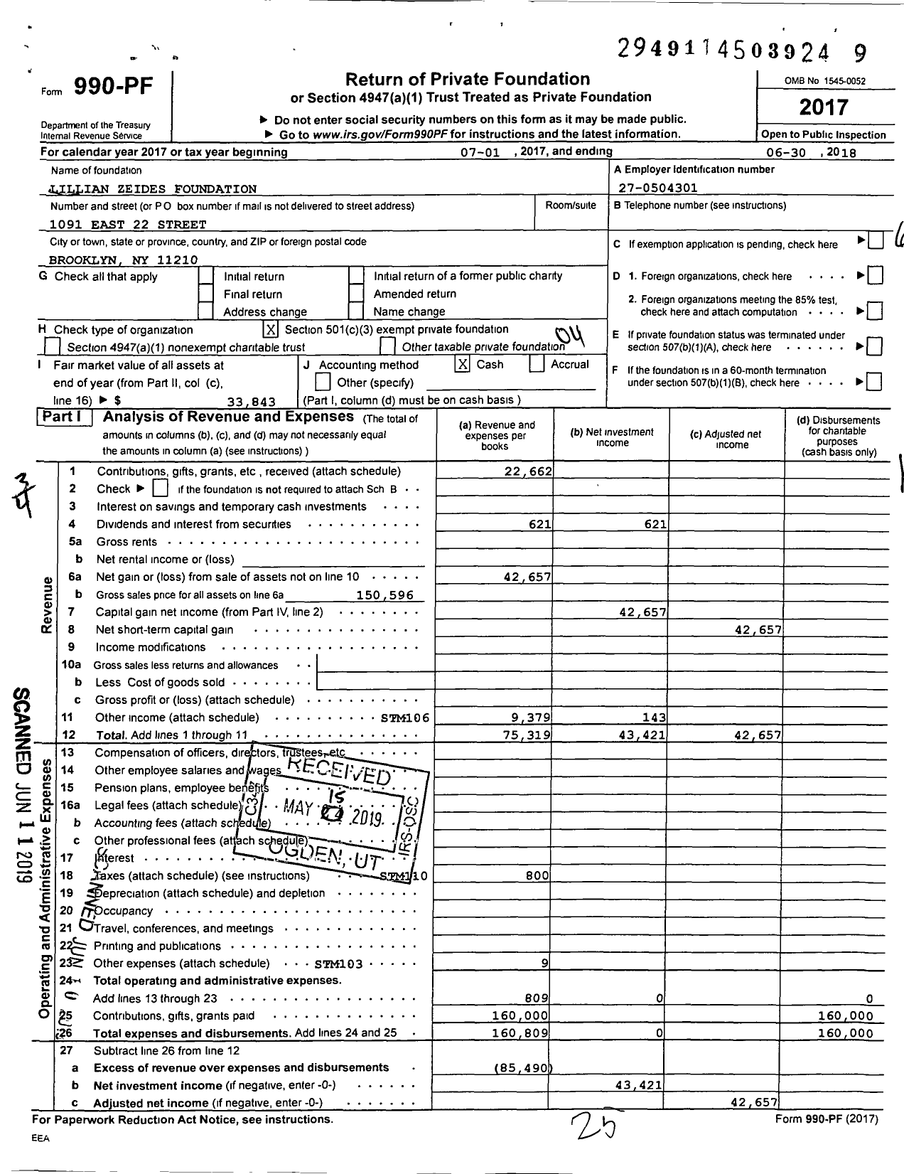 Image of first page of 2018 Form 990PF for Lillian Zeides Foundation