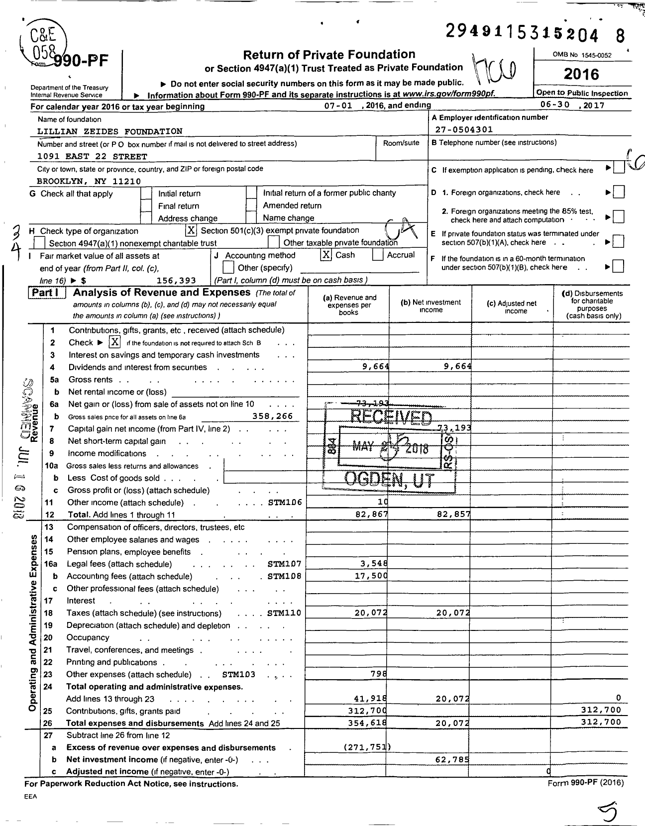 Image of first page of 2016 Form 990PF for Lillian Zeides Foundation