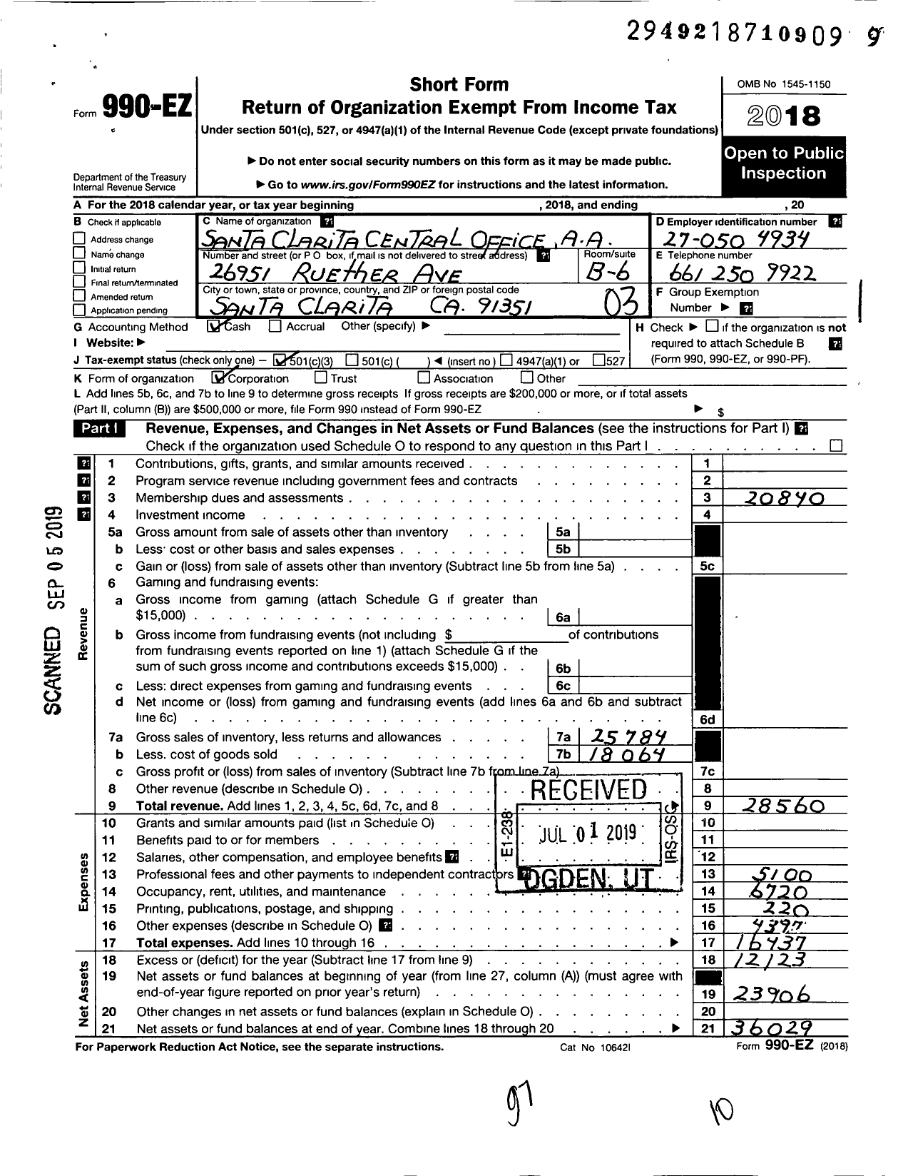 Image of first page of 2018 Form 990EZ for Santa Clarita Valley Central Office