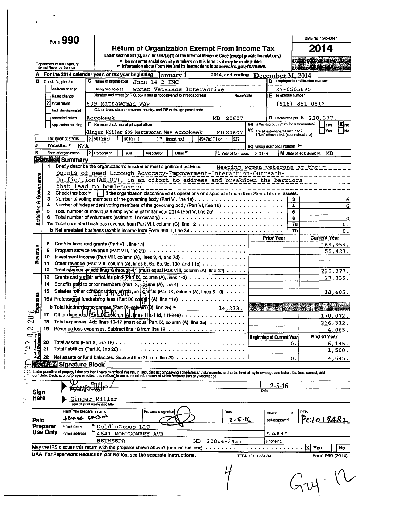 Image of first page of 2014 Form 990 for John 14 2