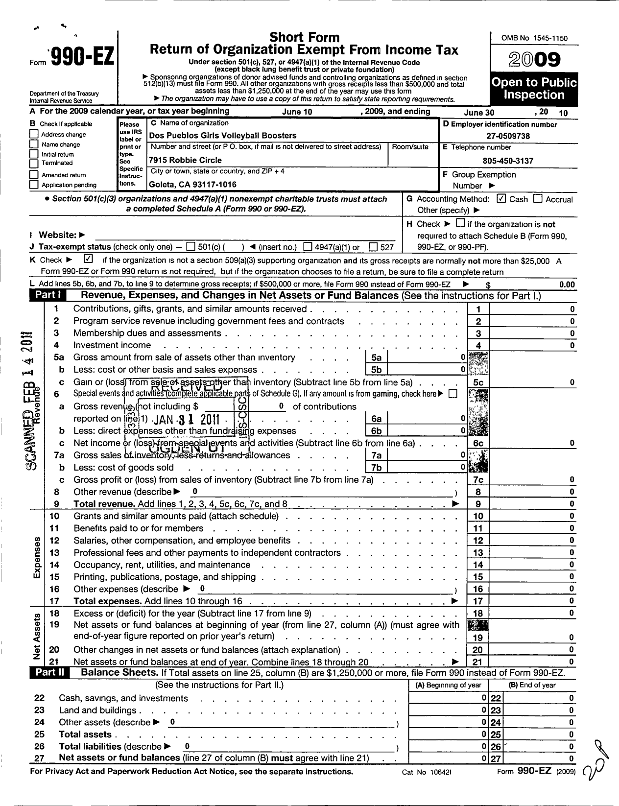 Image of first page of 2009 Form 990EO for Dos Pueblos Girls Volleyball Boosters