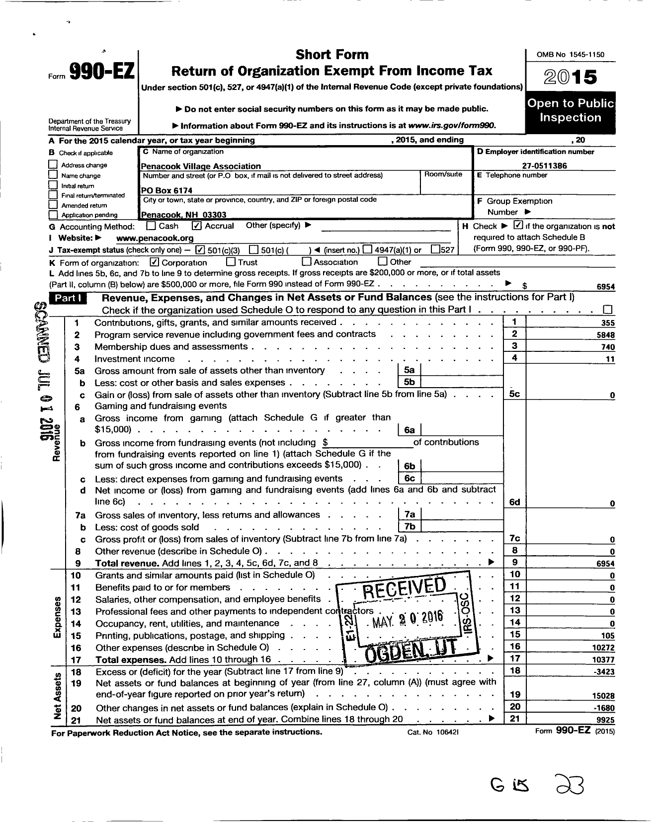 Image of first page of 2015 Form 990EZ for Penacook Village Association