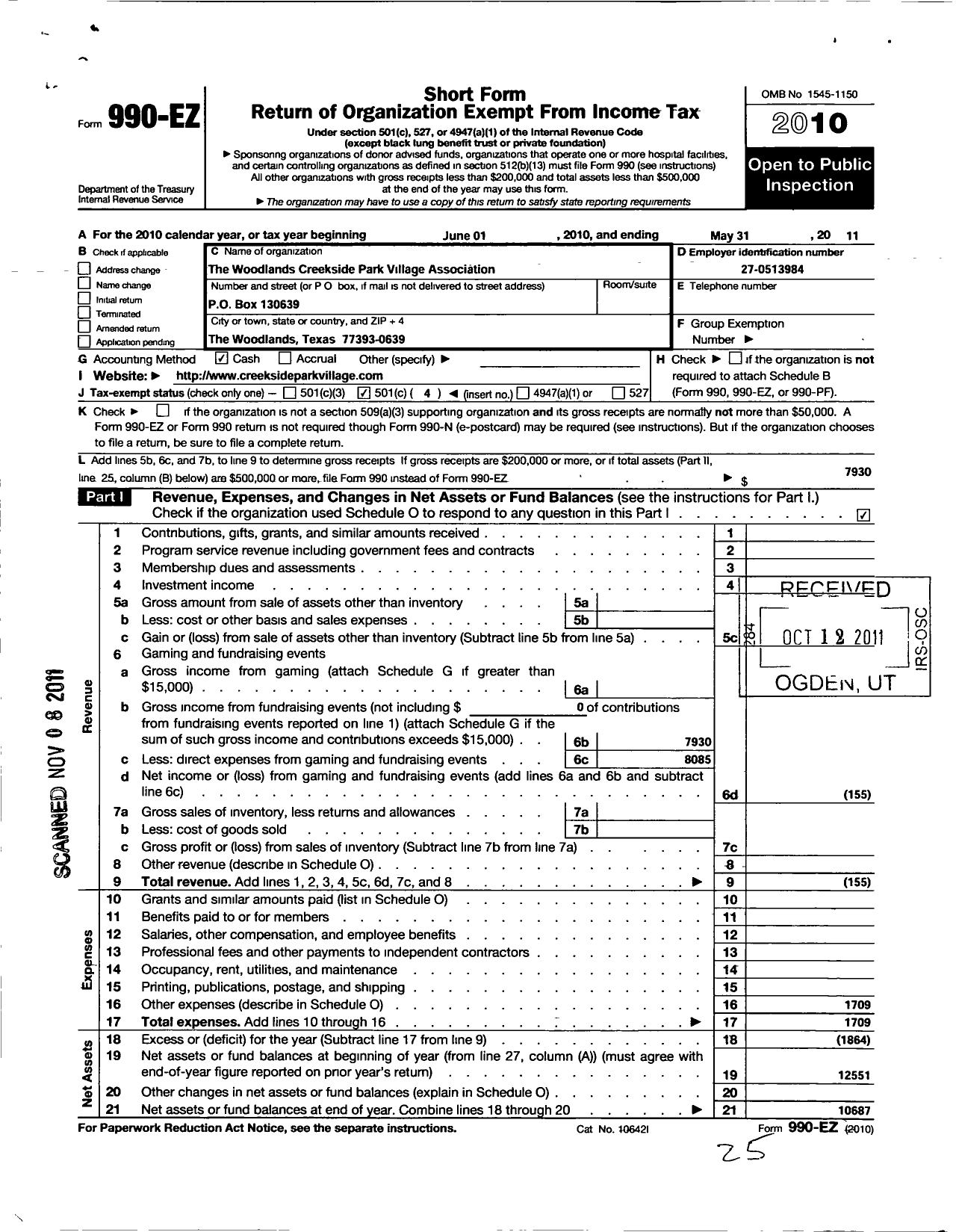 Image of first page of 2010 Form 990EO for Woodlands Creekside Park Village Association