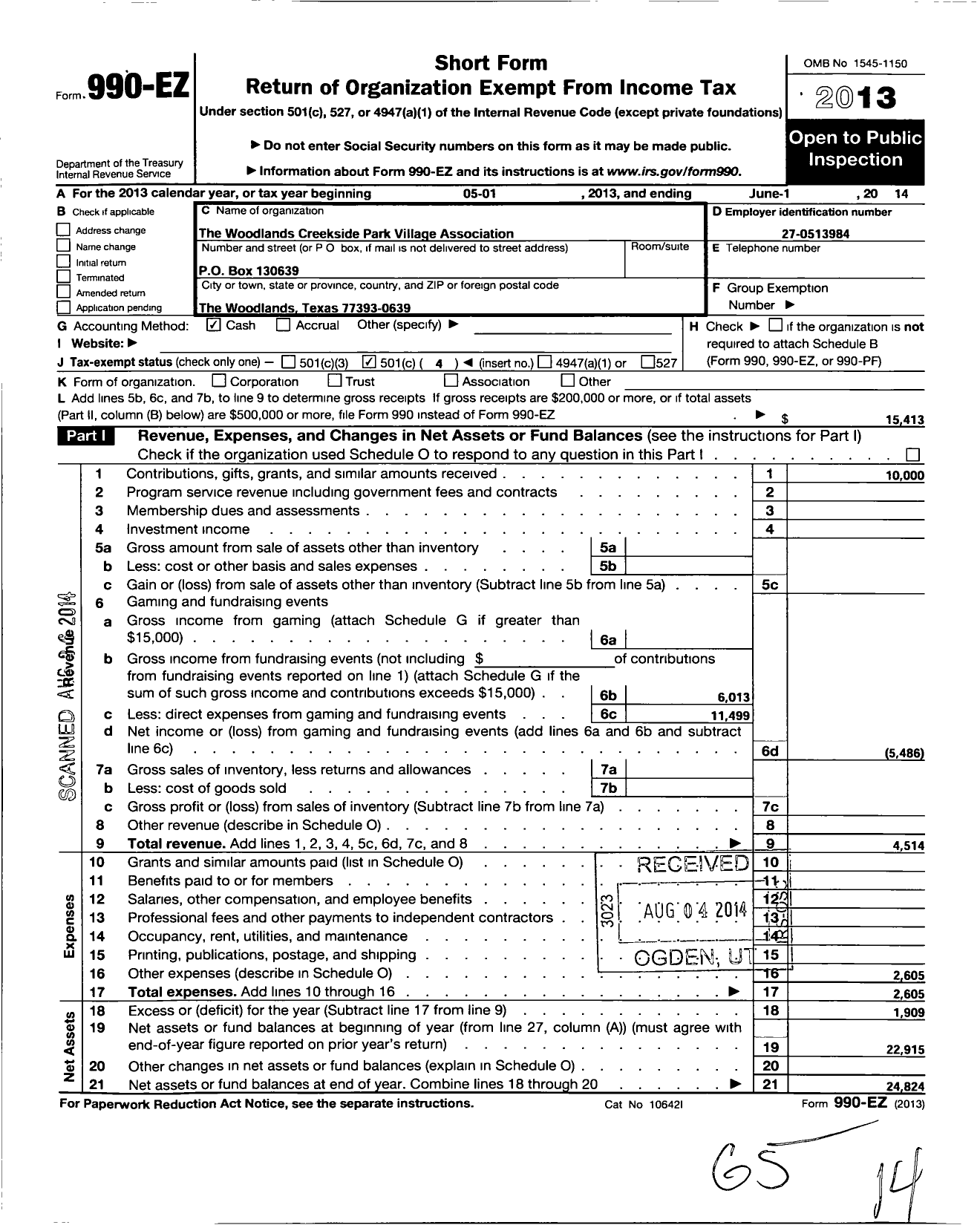 Image of first page of 2013 Form 990EO for Woodlands Creekside Park Village Association