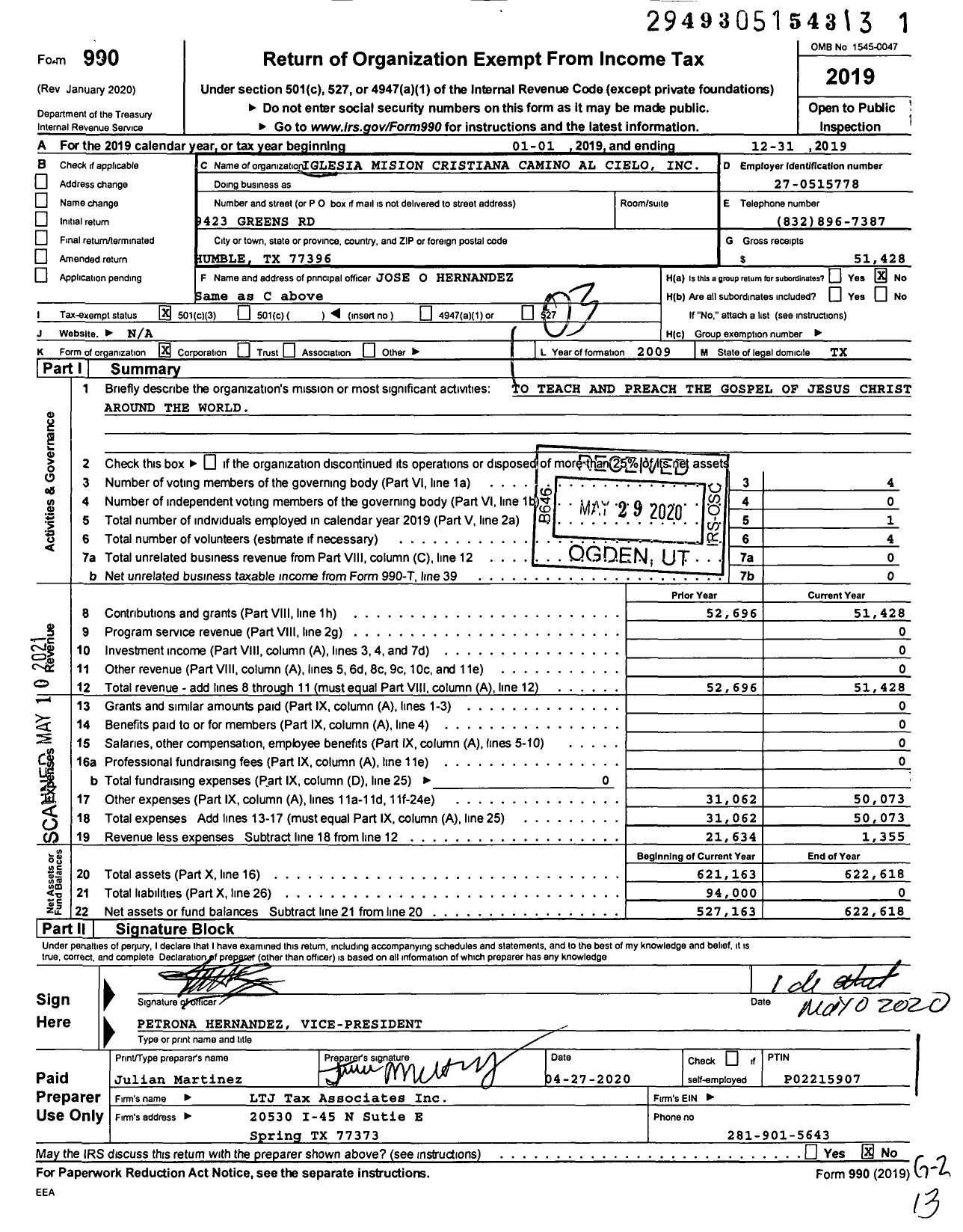 Image of first page of 2019 Form 990 for Iglesia Mision Cristiana Camino Al Cielo