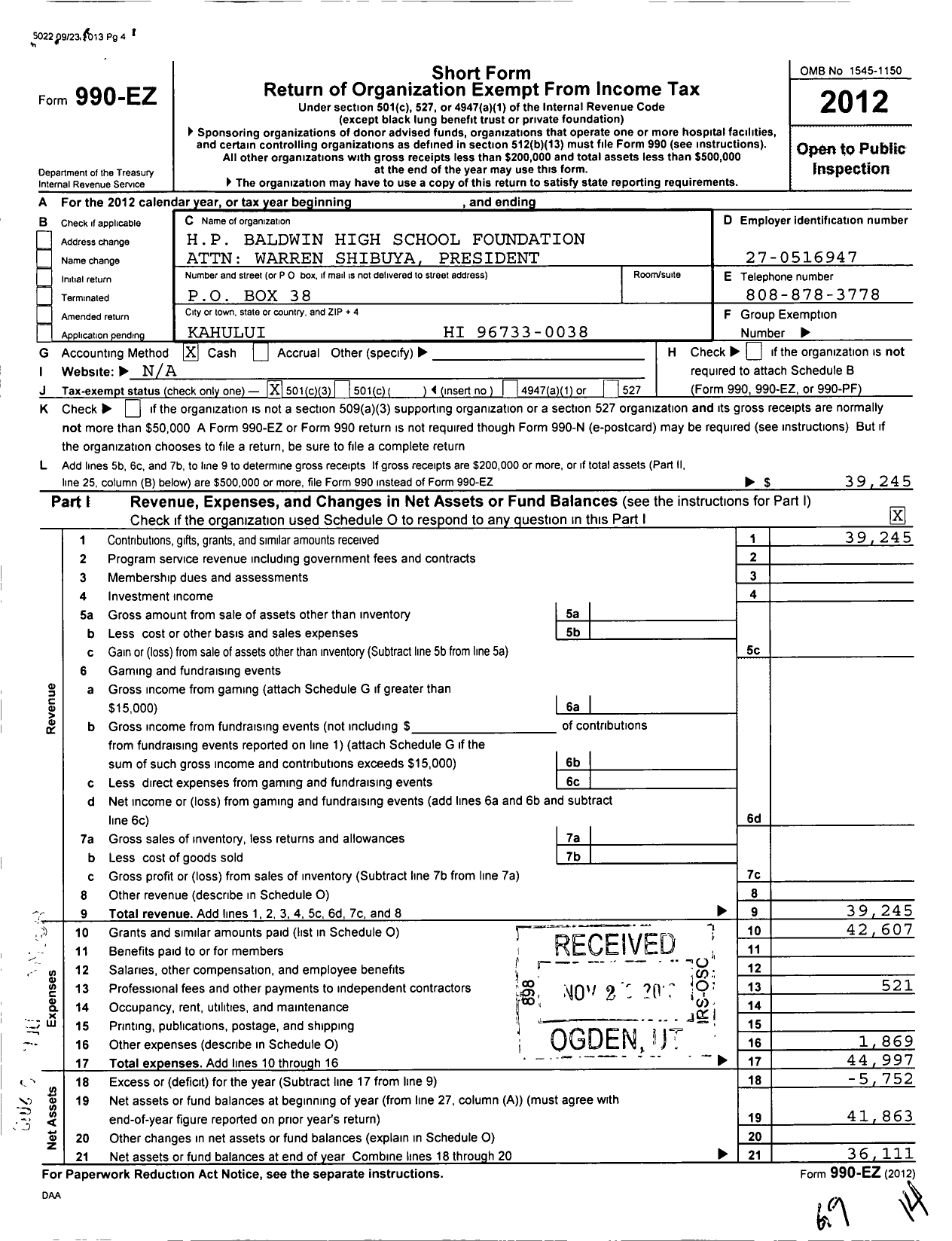 Image of first page of 2012 Form 990EZ for HP Baldwin High School Foundation