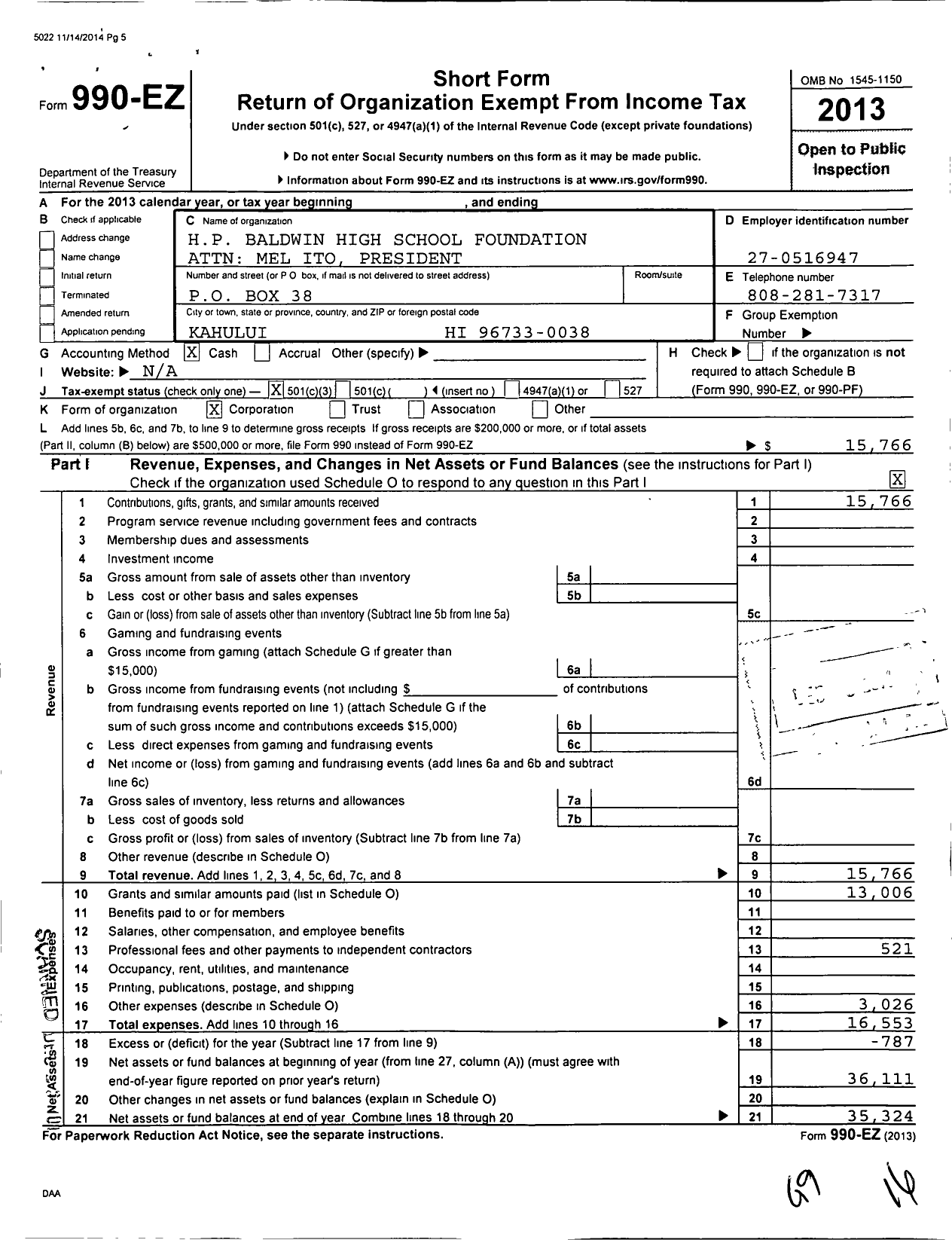 Image of first page of 2013 Form 990EZ for HP Baldwin High School Foundation