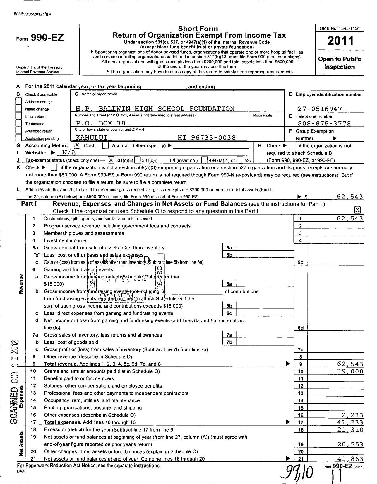 Image of first page of 2011 Form 990EZ for HP Baldwin High School Foundation