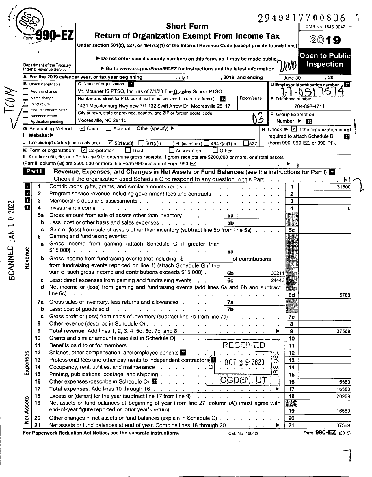 Image of first page of 2019 Form 990EZ for The Brawley School Ptso