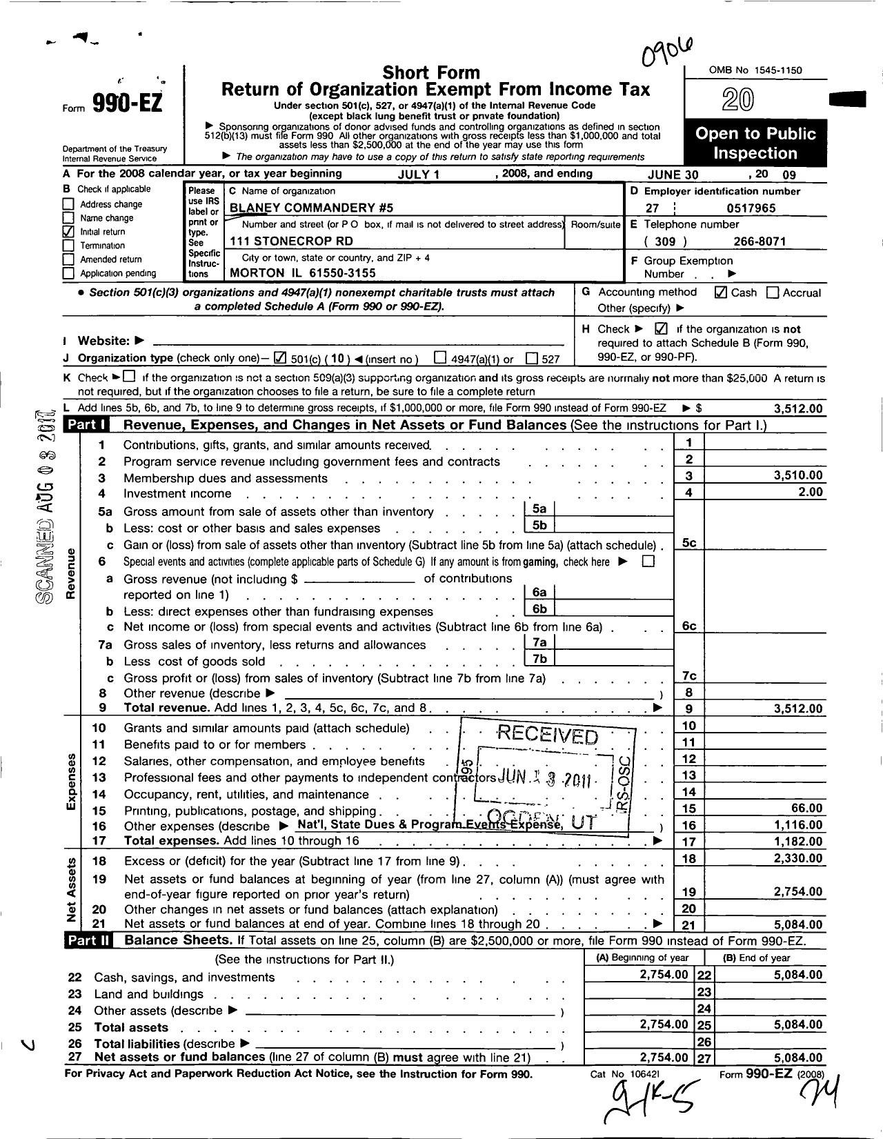 Image of first page of 2008 Form 990EO for Knights Templar - 5 Blaney Commandery