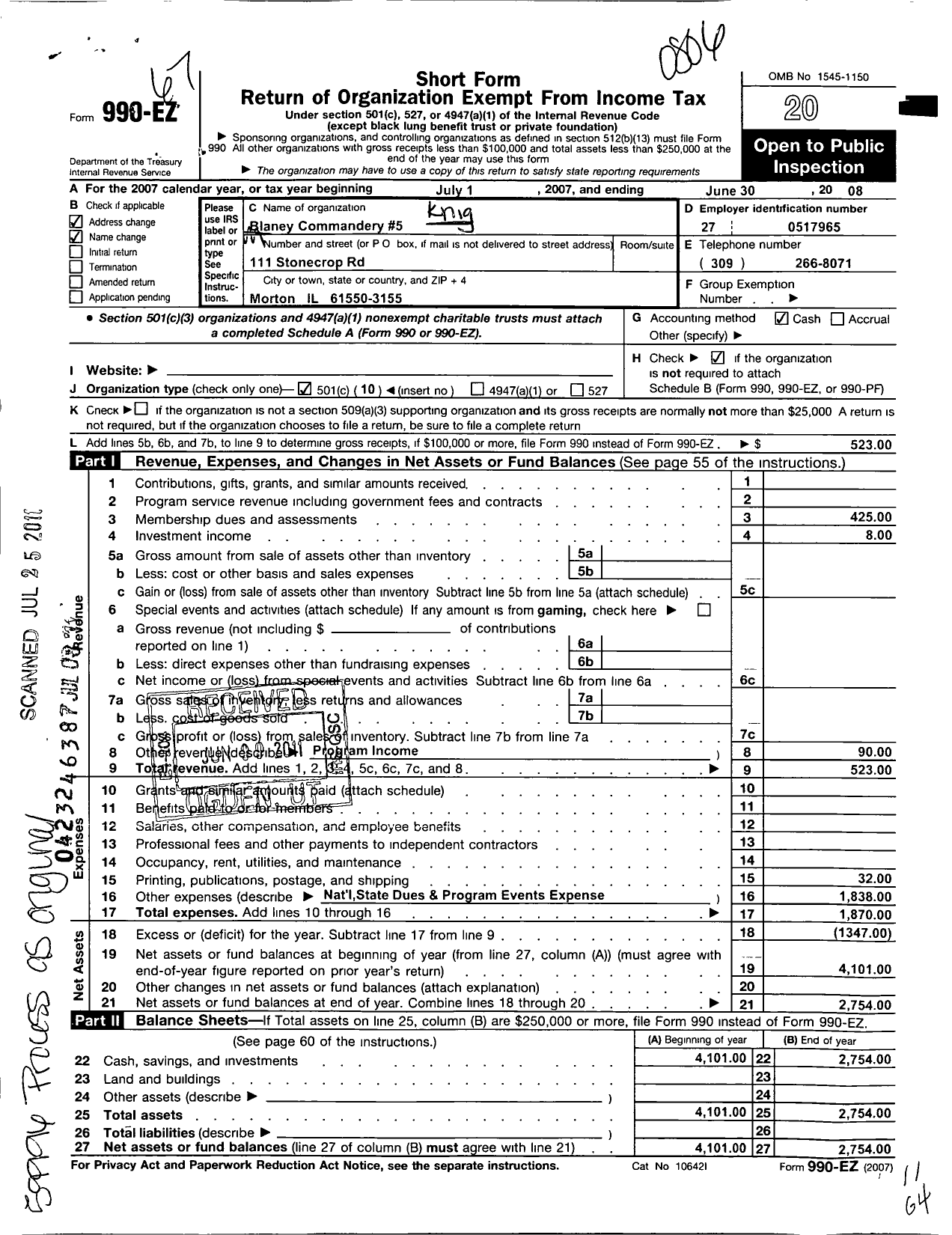 Image of first page of 2007 Form 990EO for Knights Templar - 5 Blaney Commandery