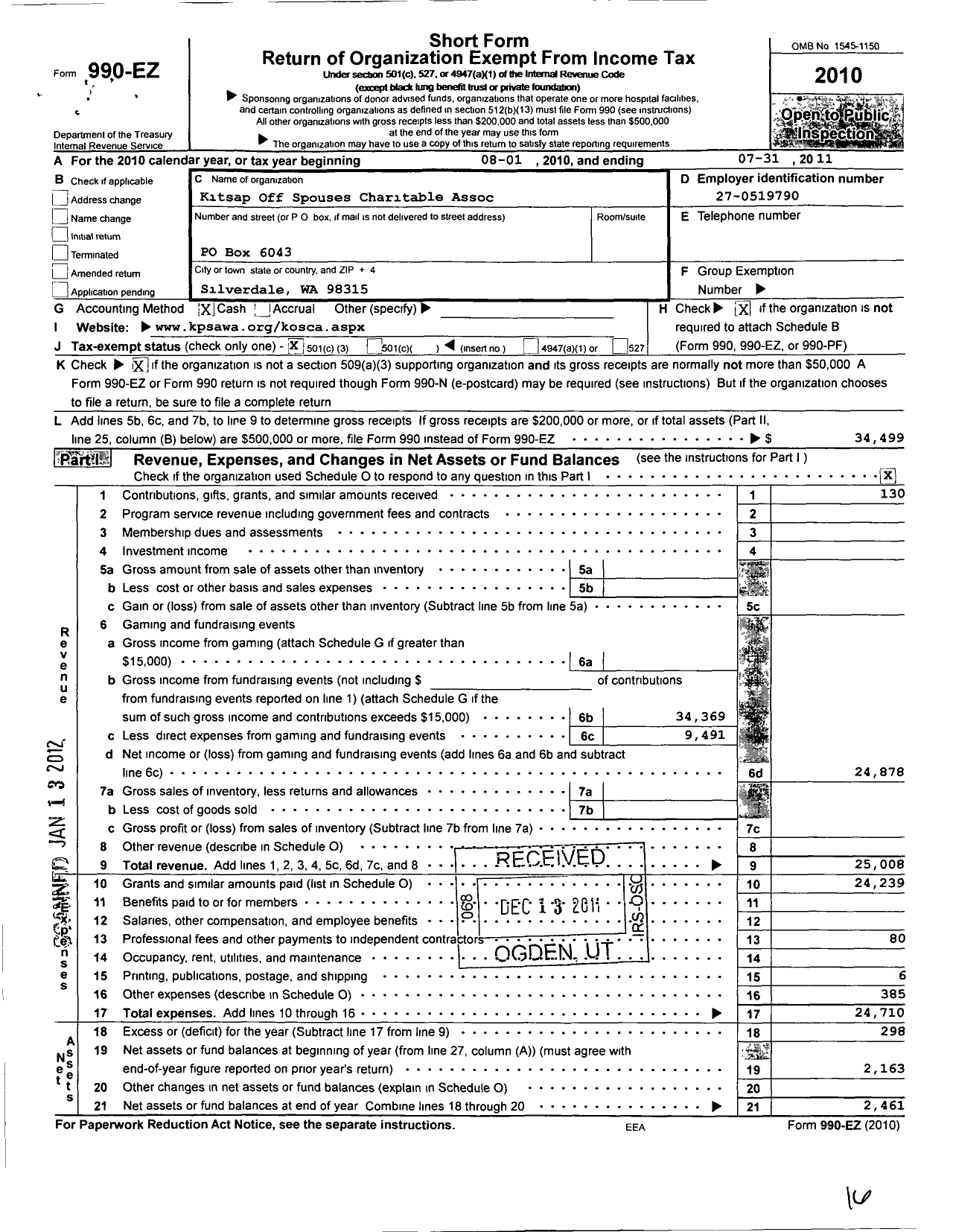 Image of first page of 2010 Form 990EZ for Submarine Officers Spouses Charitable Association-Washington (KOSCA)