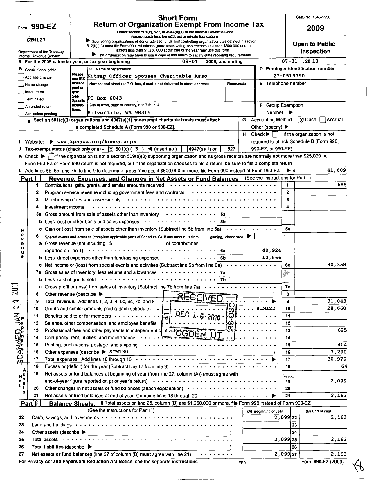 Image of first page of 2009 Form 990EZ for Submarine Officers Spouses Charitable Association-Washington (KOSCA)
