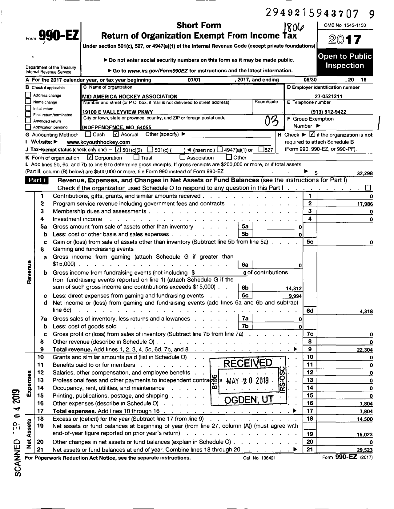 Image of first page of 2017 Form 990EZ for Mid America Hockey Association