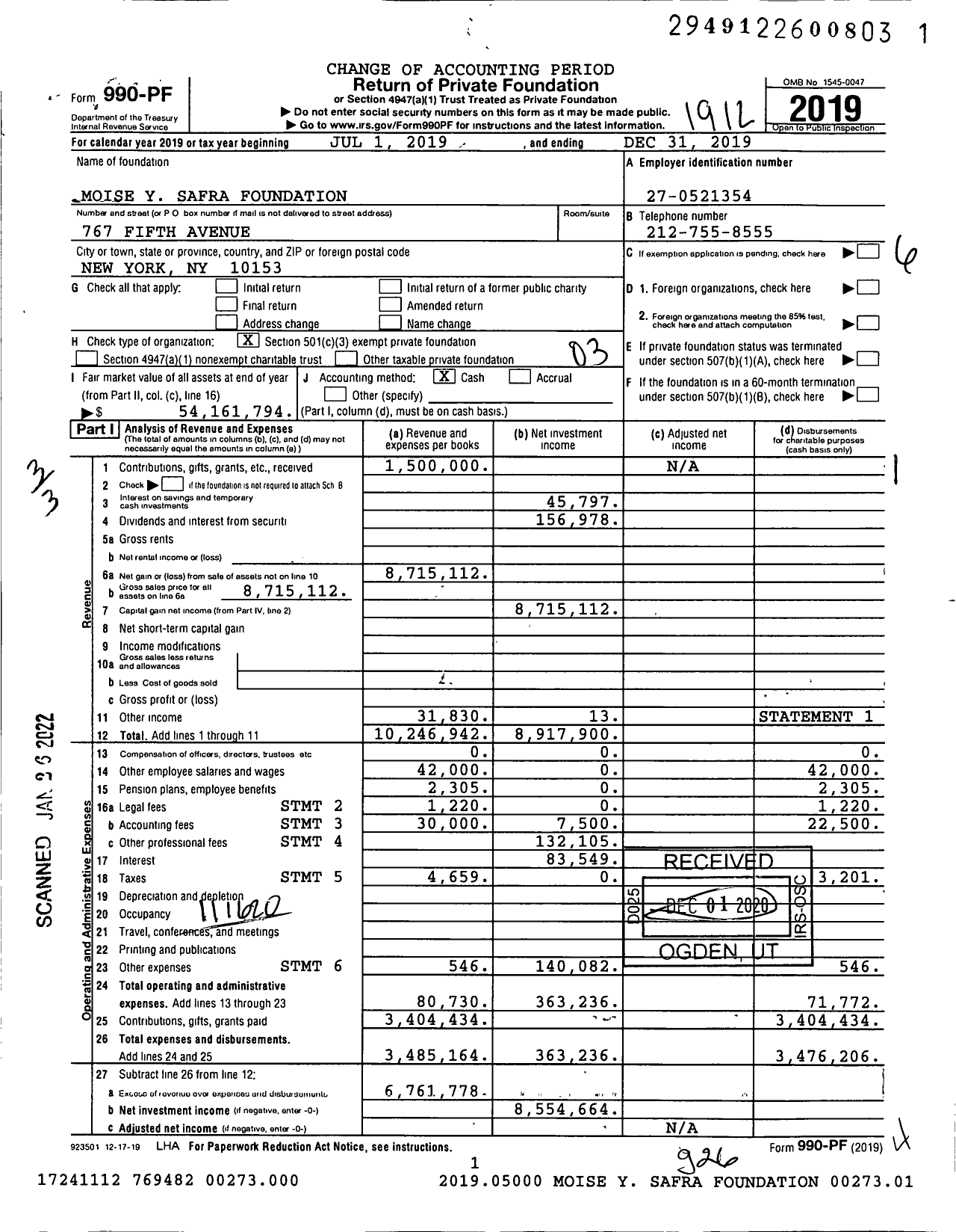 Image of first page of 2019 Form 990PF for Moise Y Safra Foundation