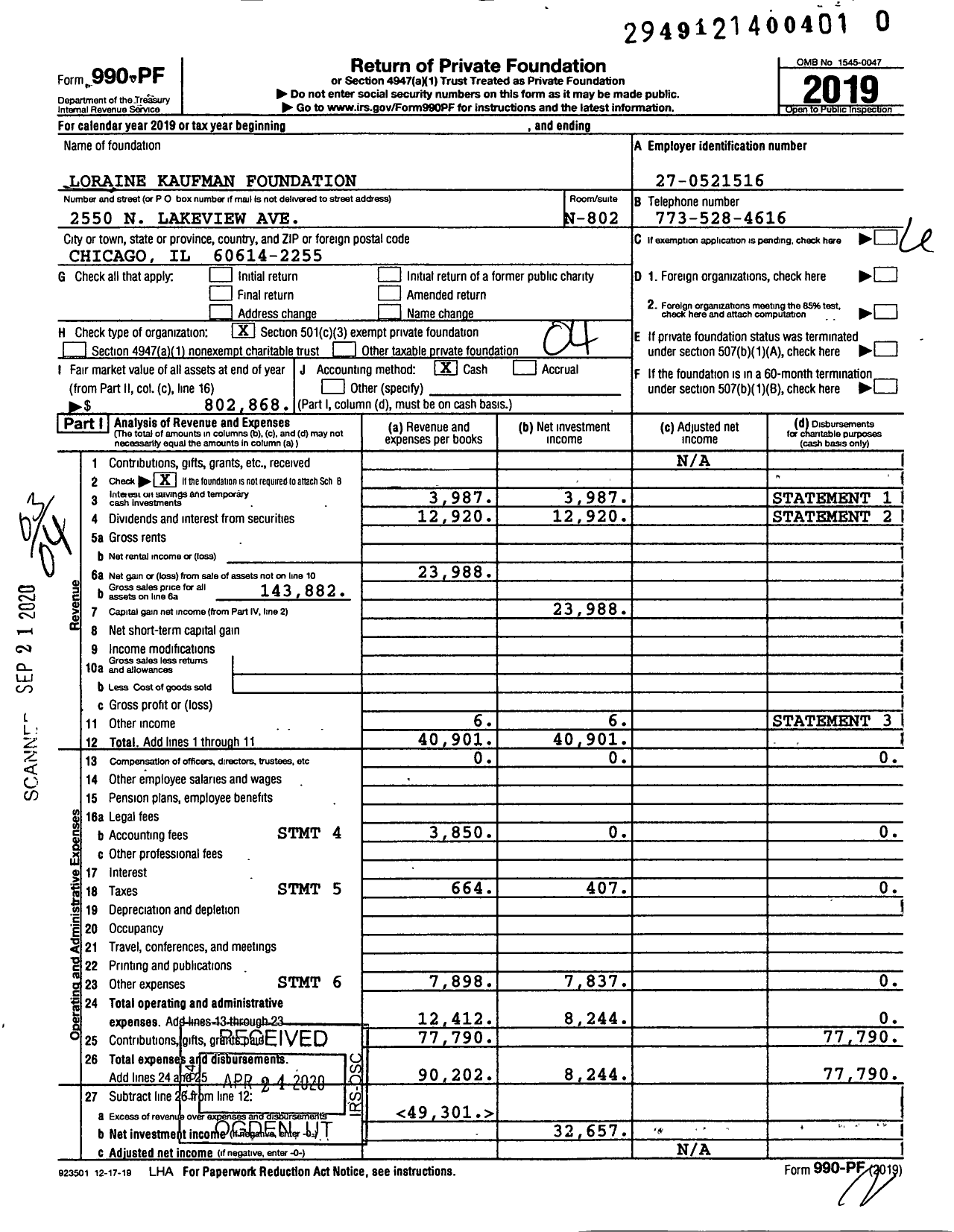 Image of first page of 2019 Form 990PR for Loraine Kaufman Foundation