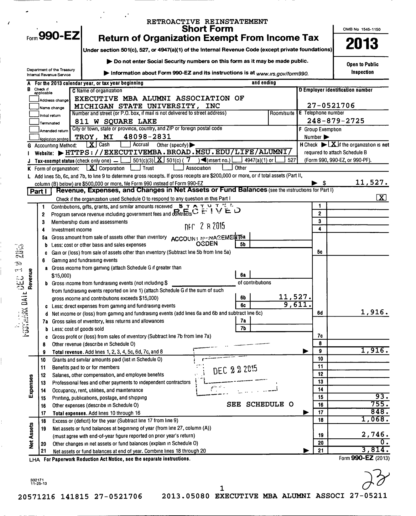 Image of first page of 2013 Form 990EO for Executive MBA Alumni Association of Mich