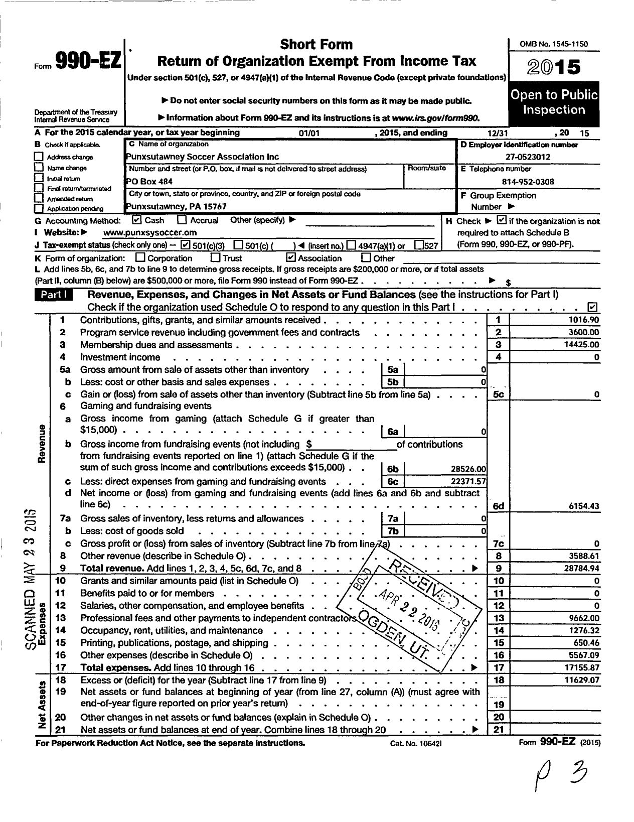 Image of first page of 2015 Form 990EZ for Punxsutawney Soccer Association