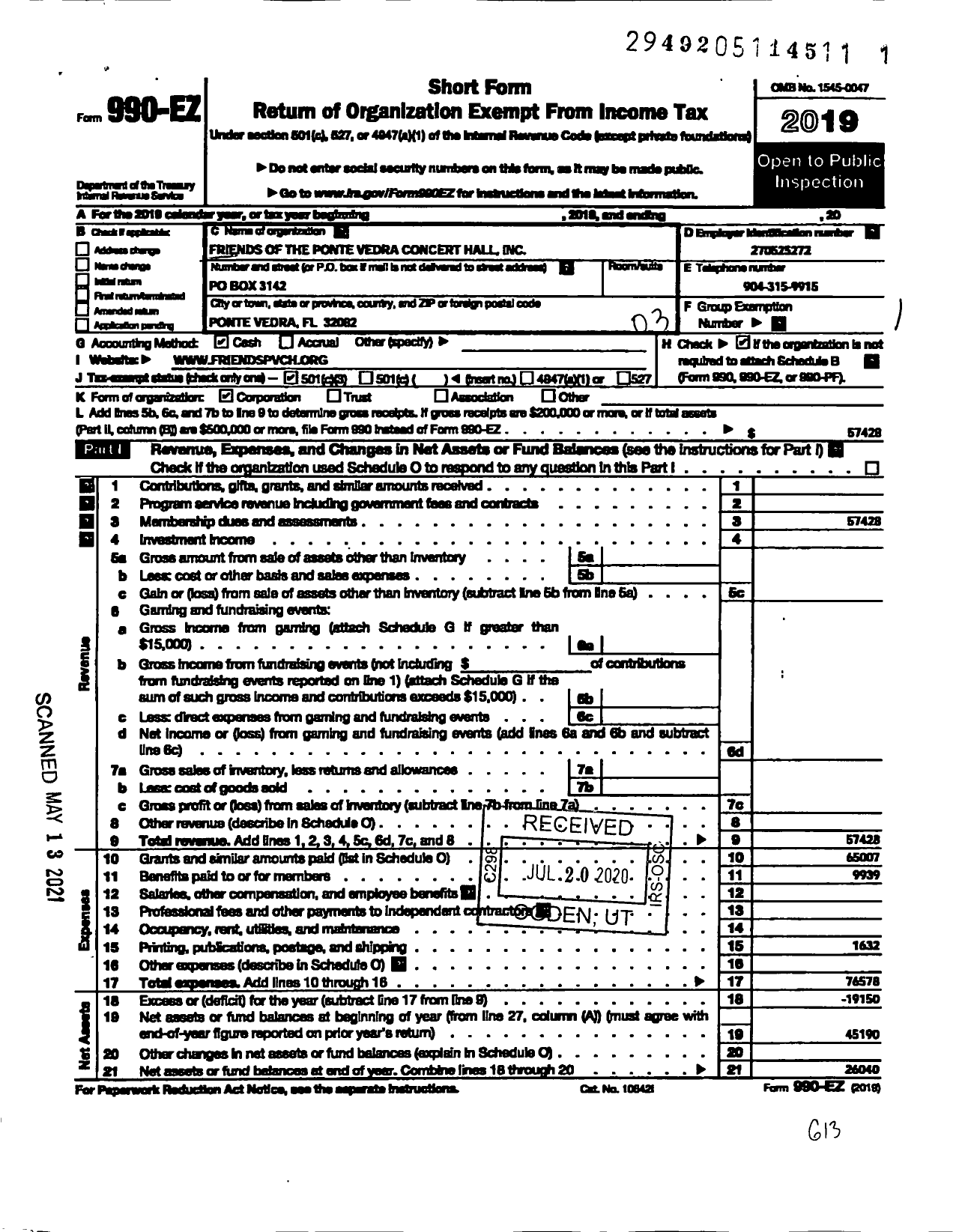 Image of first page of 2019 Form 990EZ for Friends of the Ponte Vedra Concert Hall