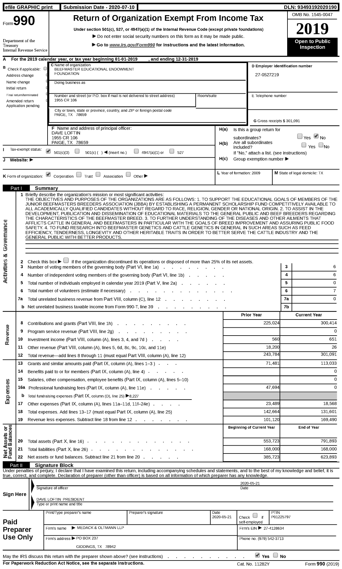 Image of first page of 2019 Form 990 for Beefmaster Educational Endowment Foundation