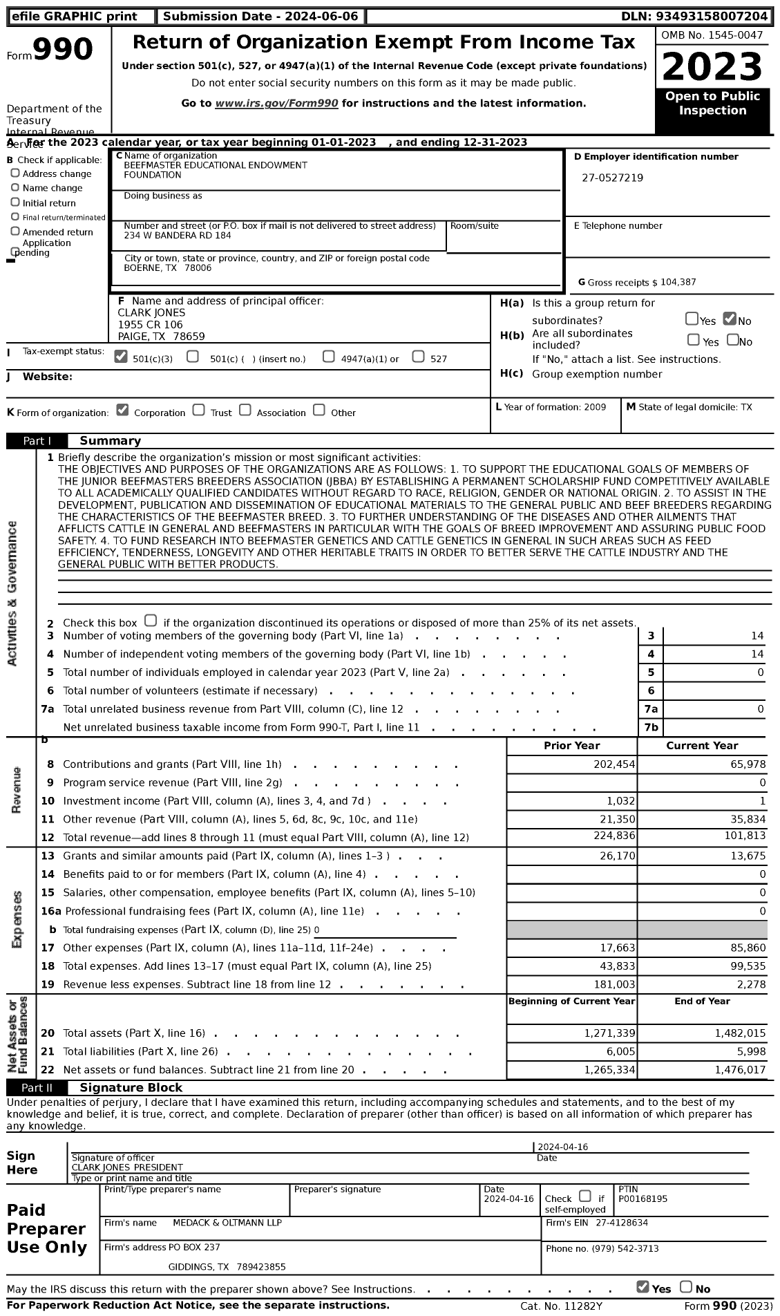 Image of first page of 2023 Form 990 for Beefmaster Educational Endowment Foundation