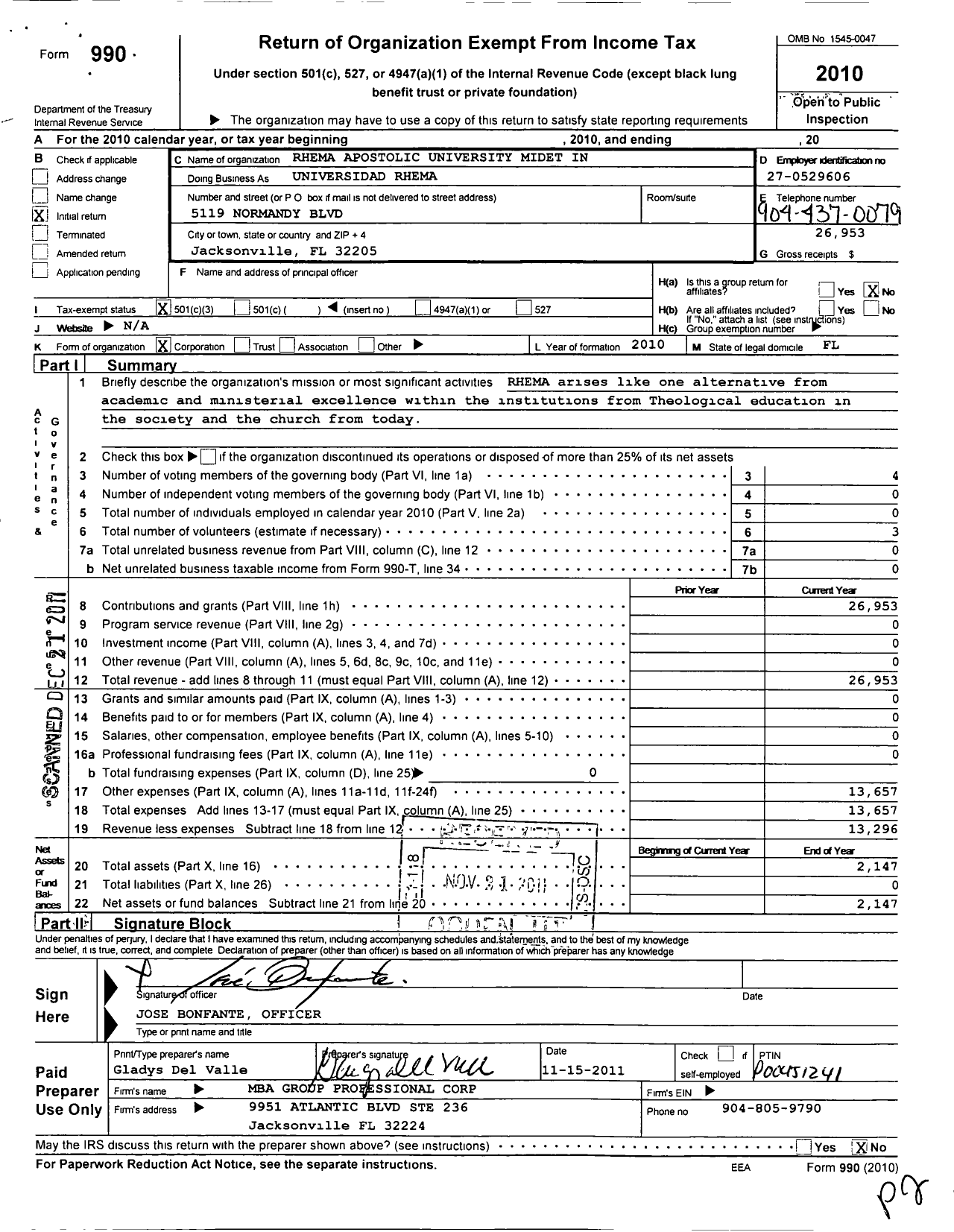 Image of first page of 2010 Form 990 for Rhema Apostolic University Midet