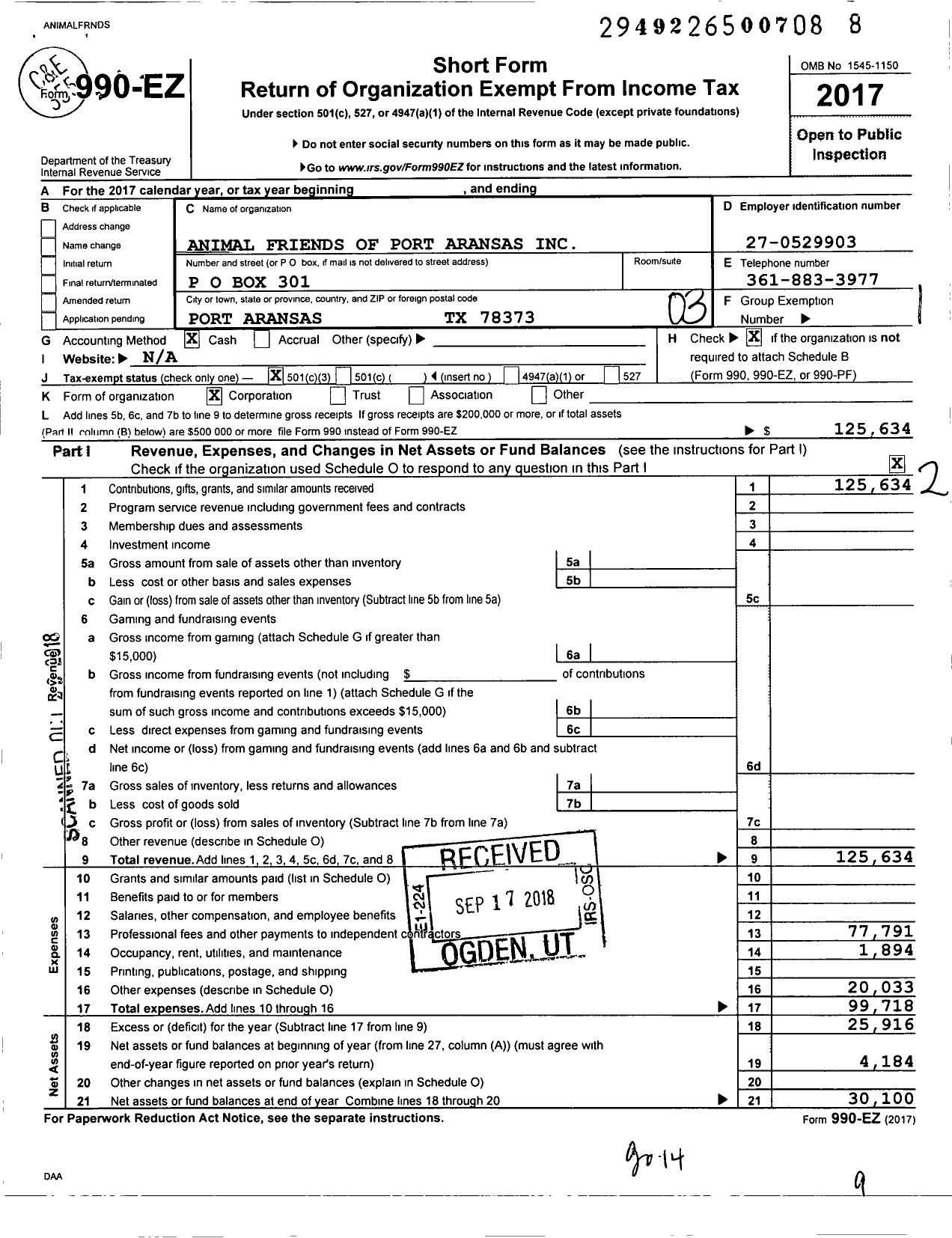 Image of first page of 2017 Form 990EZ for Animal Friends of Port Aransas