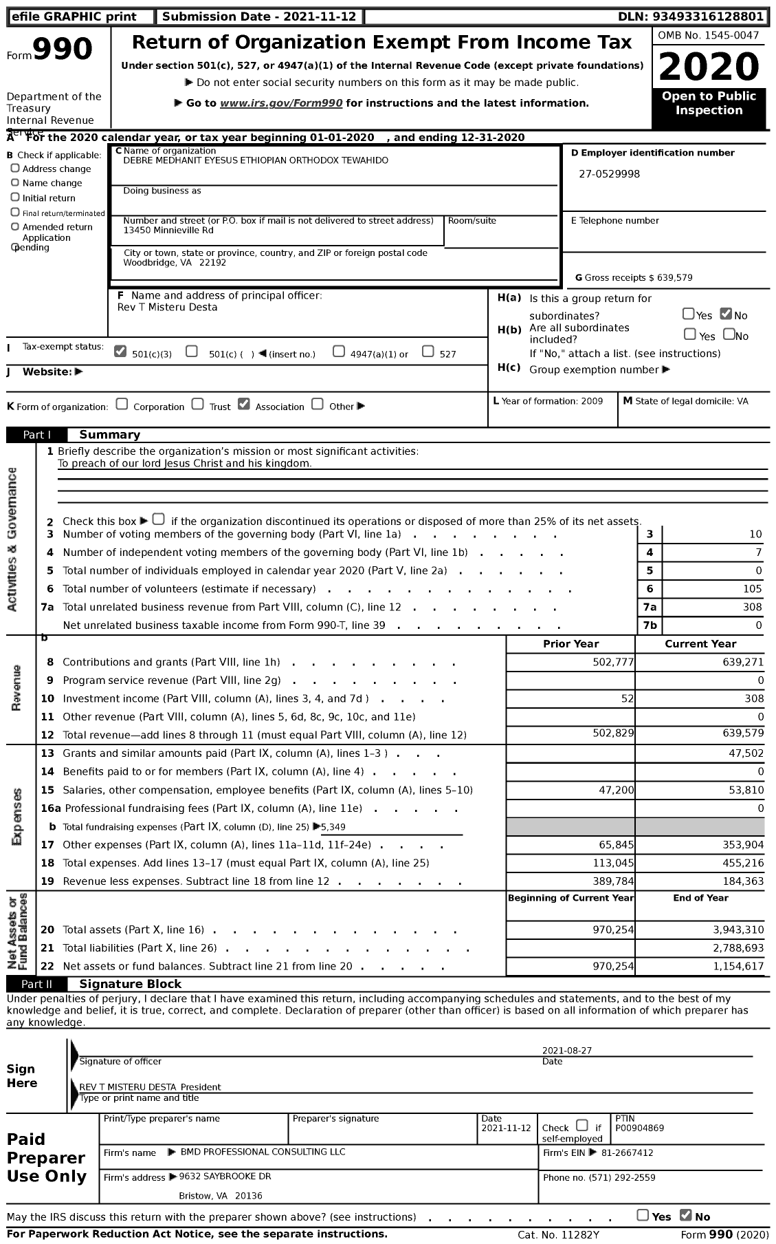 Image of first page of 2020 Form 990 for Debre Medhanit Eyesus Ethiopian Orthodox Tewahido