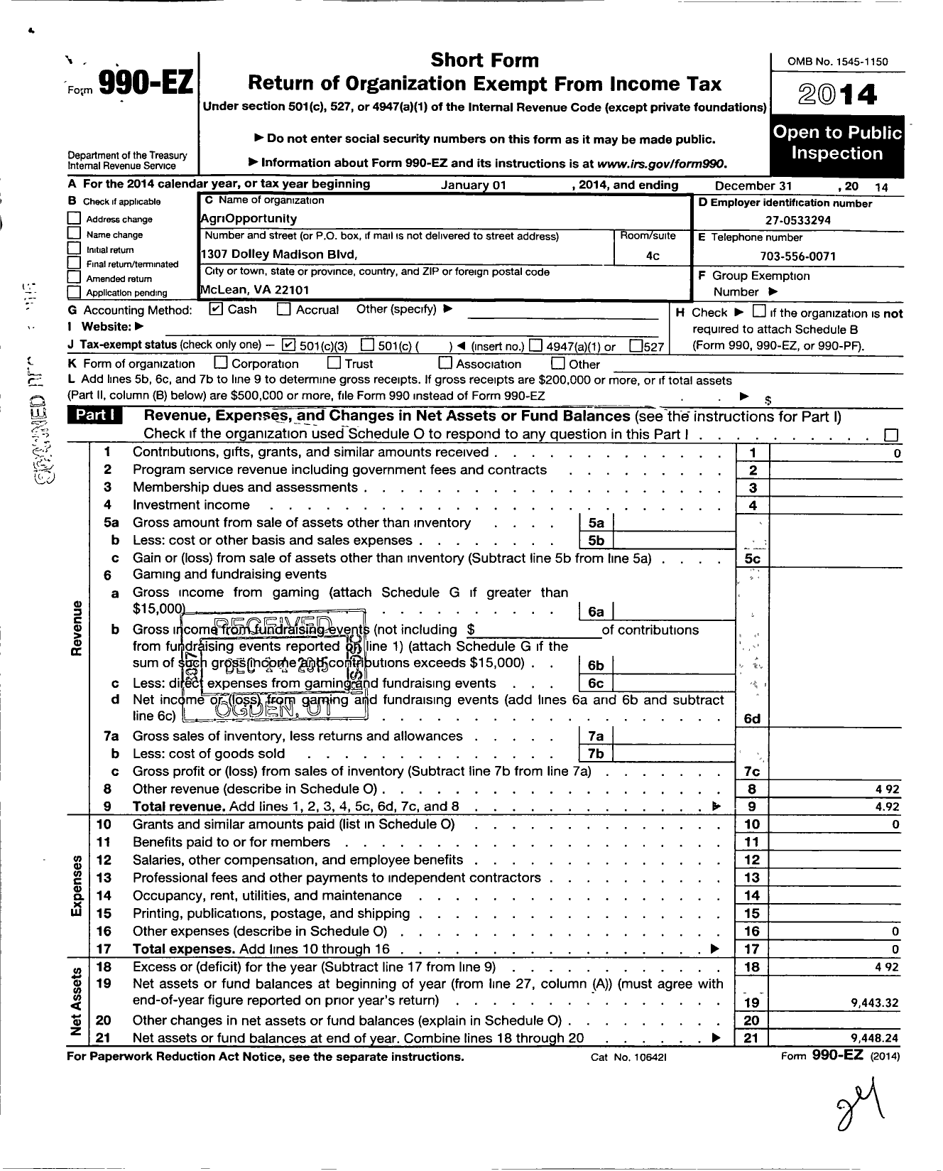 Image of first page of 2014 Form 990EZ for Agriopportunity