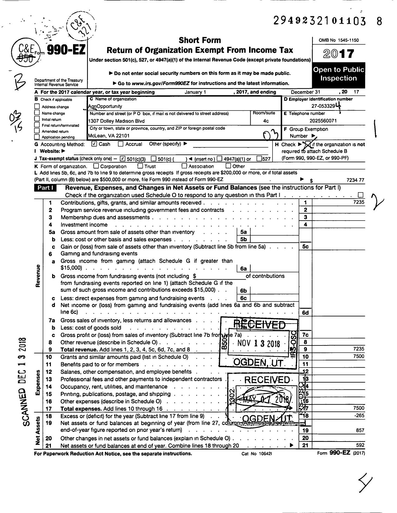 Image of first page of 2017 Form 990EZ for Agriopportunity