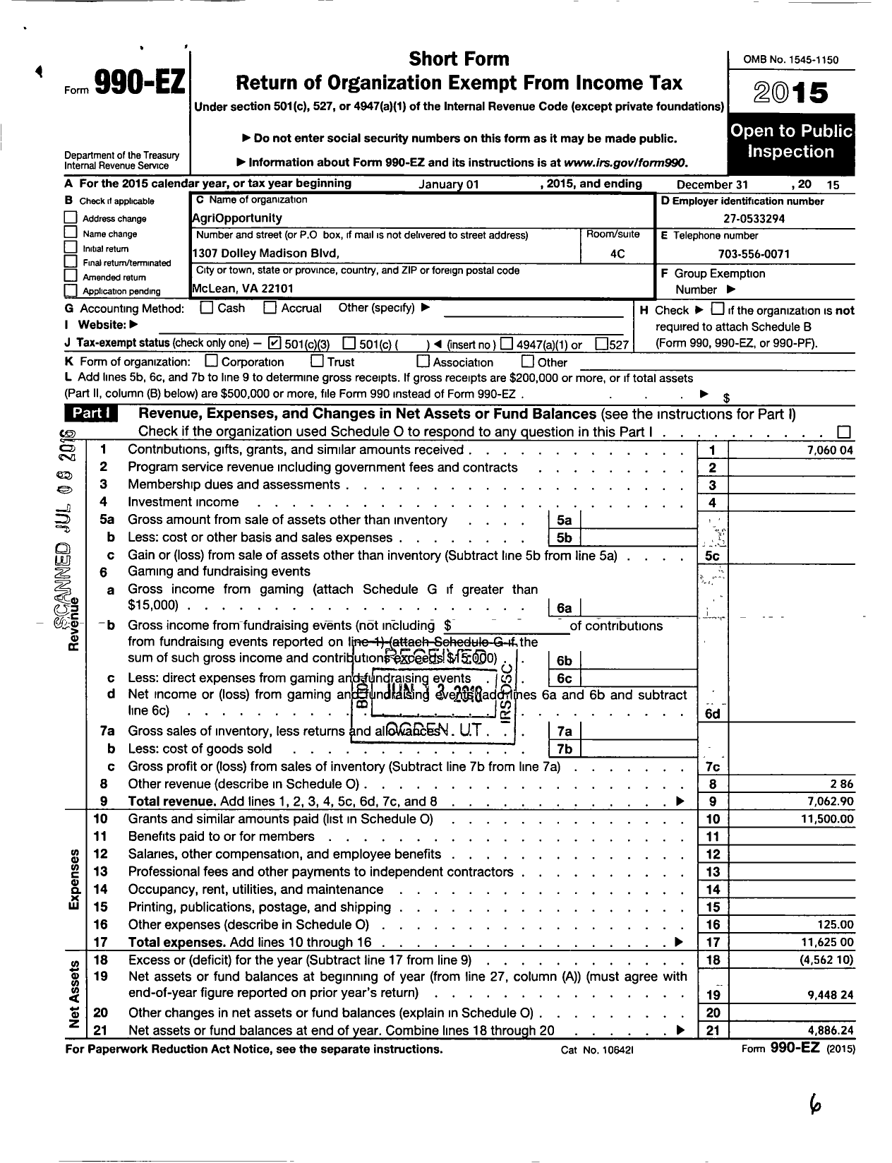 Image of first page of 2015 Form 990EZ for Agriopportunity