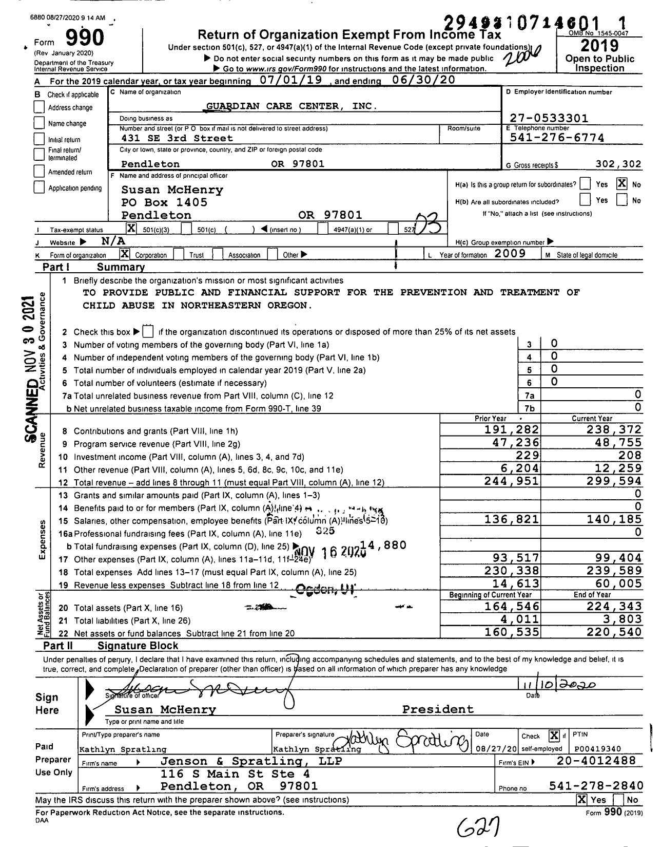 Image of first page of 2019 Form 990 for Guardian Care Center