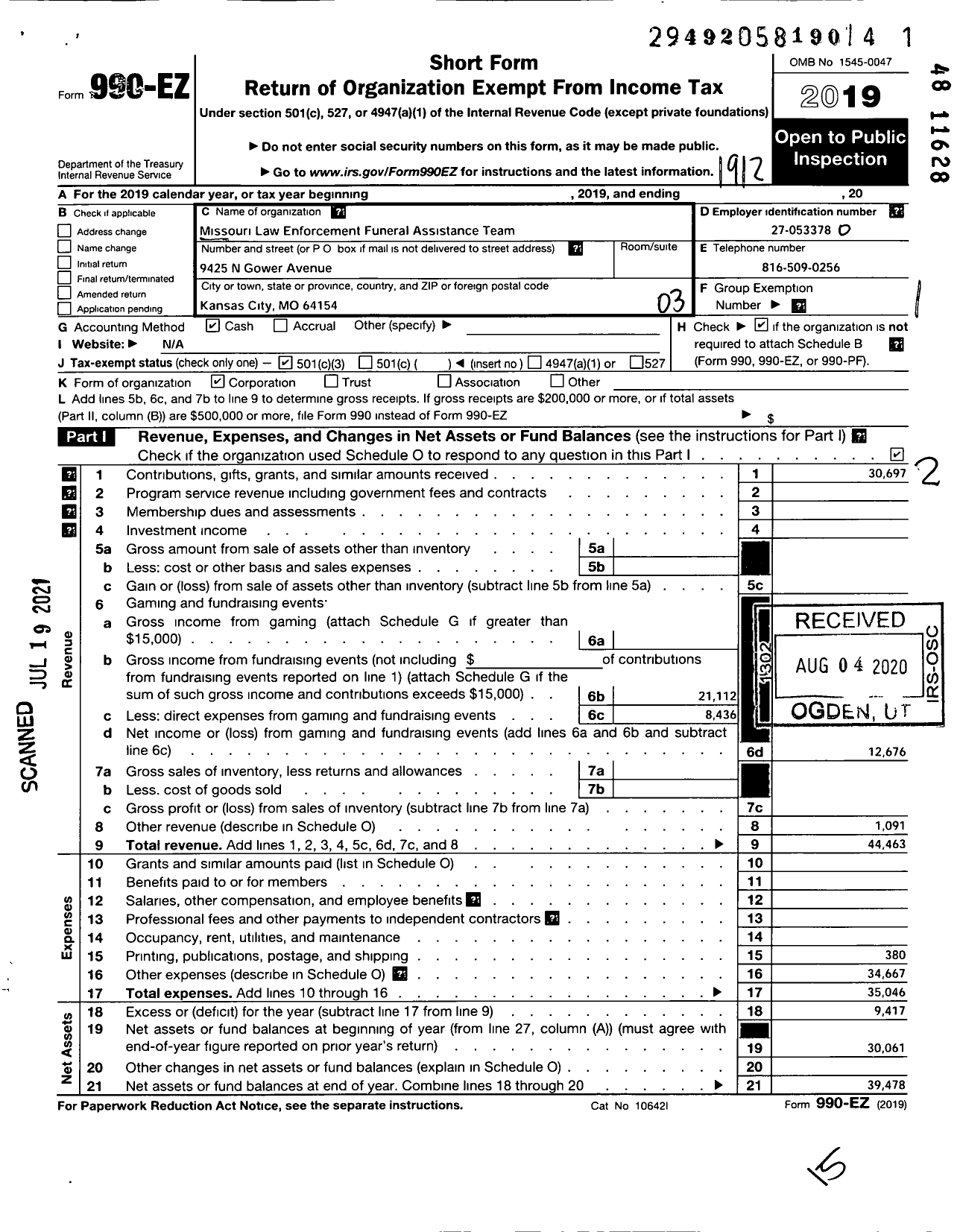 Image of first page of 2019 Form 990EZ for Missouri Law Enforcement Funeral Assistance Team