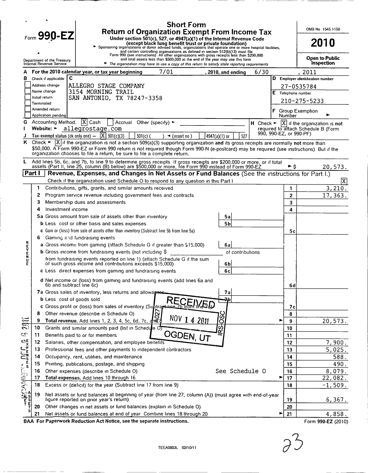 Image of first page of 2010 Form 990EZ for Allegro Stage Company