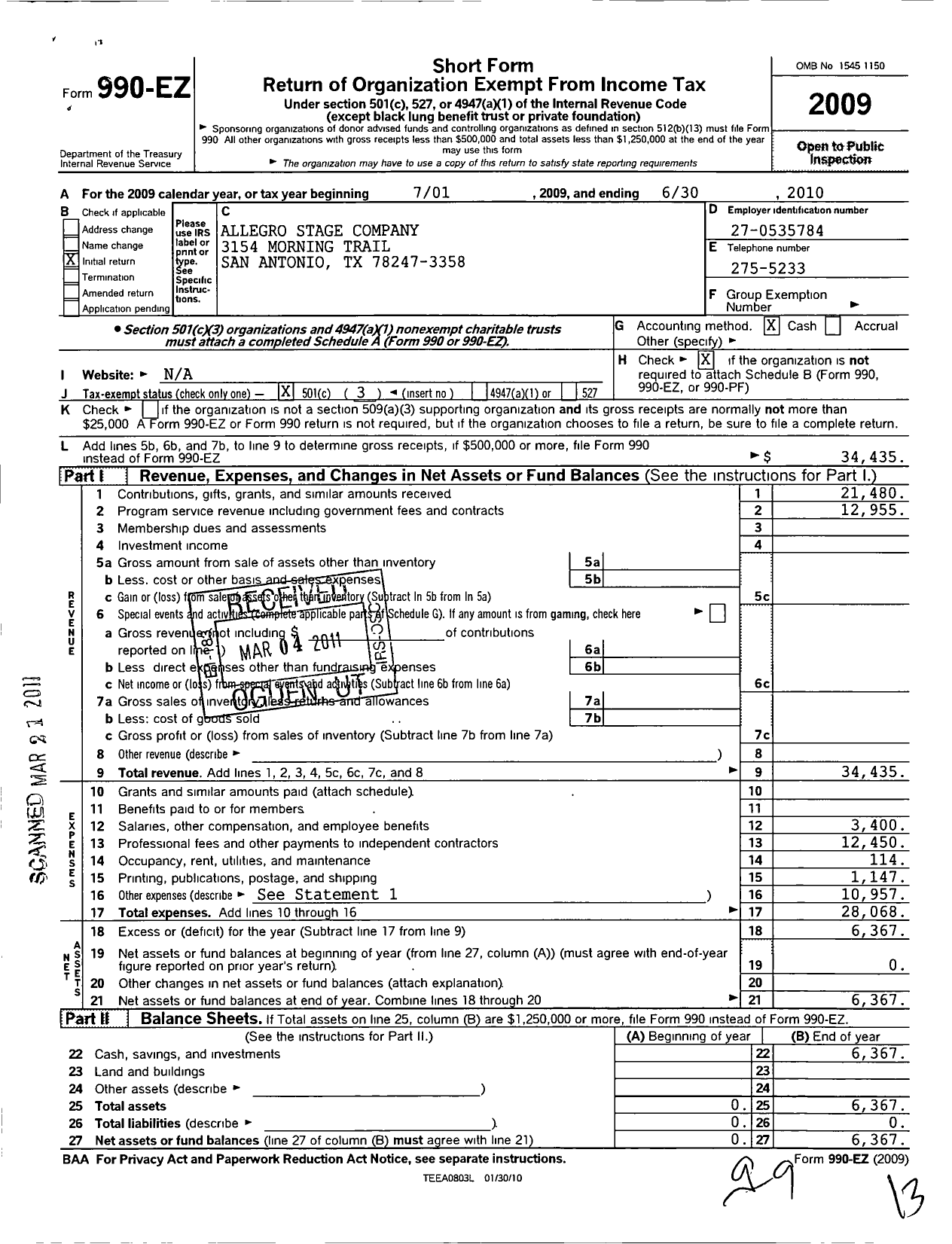 Image of first page of 2009 Form 990EZ for Allegro Stage Company