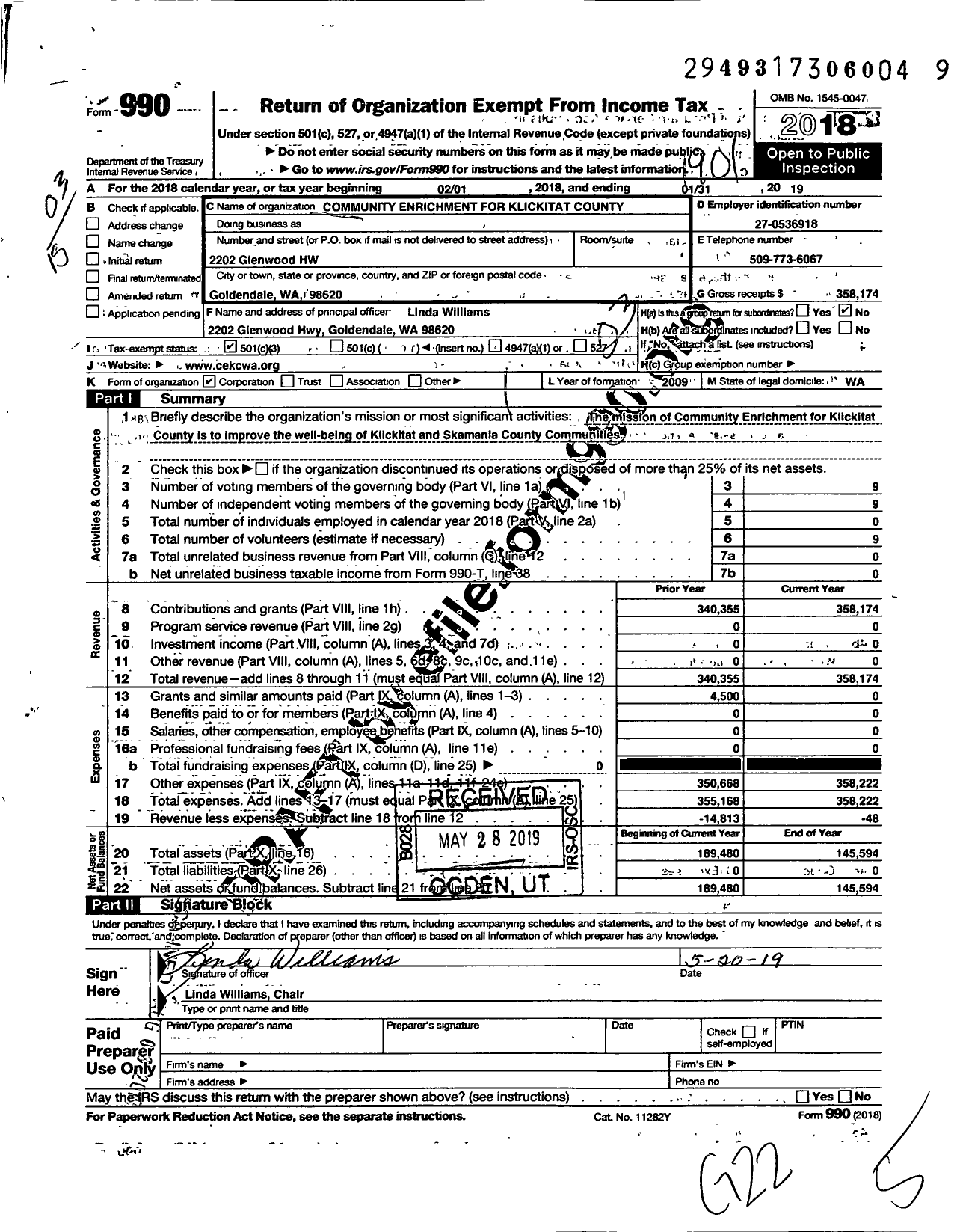 Image of first page of 2018 Form 990 for Community Enrichment for Klickitat County