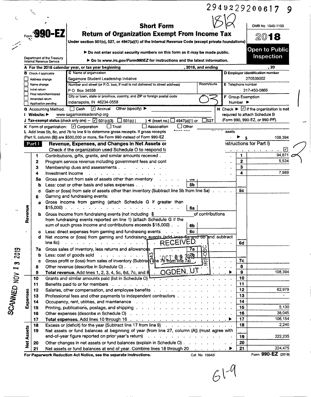 Image of first page of 2018 Form 990EZ for Sagamore Student Leadership Initiative