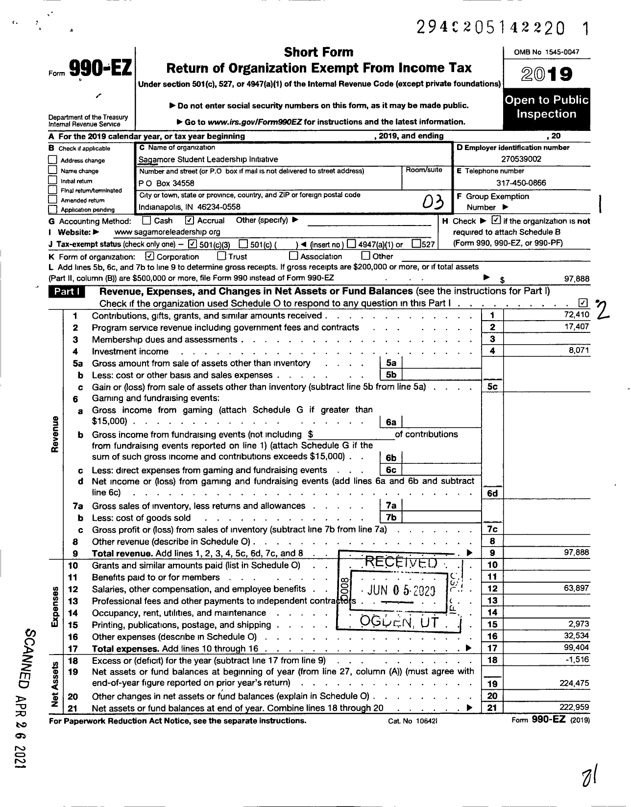 Image of first page of 2019 Form 990EZ for Sagamore Student Leadership Initiative