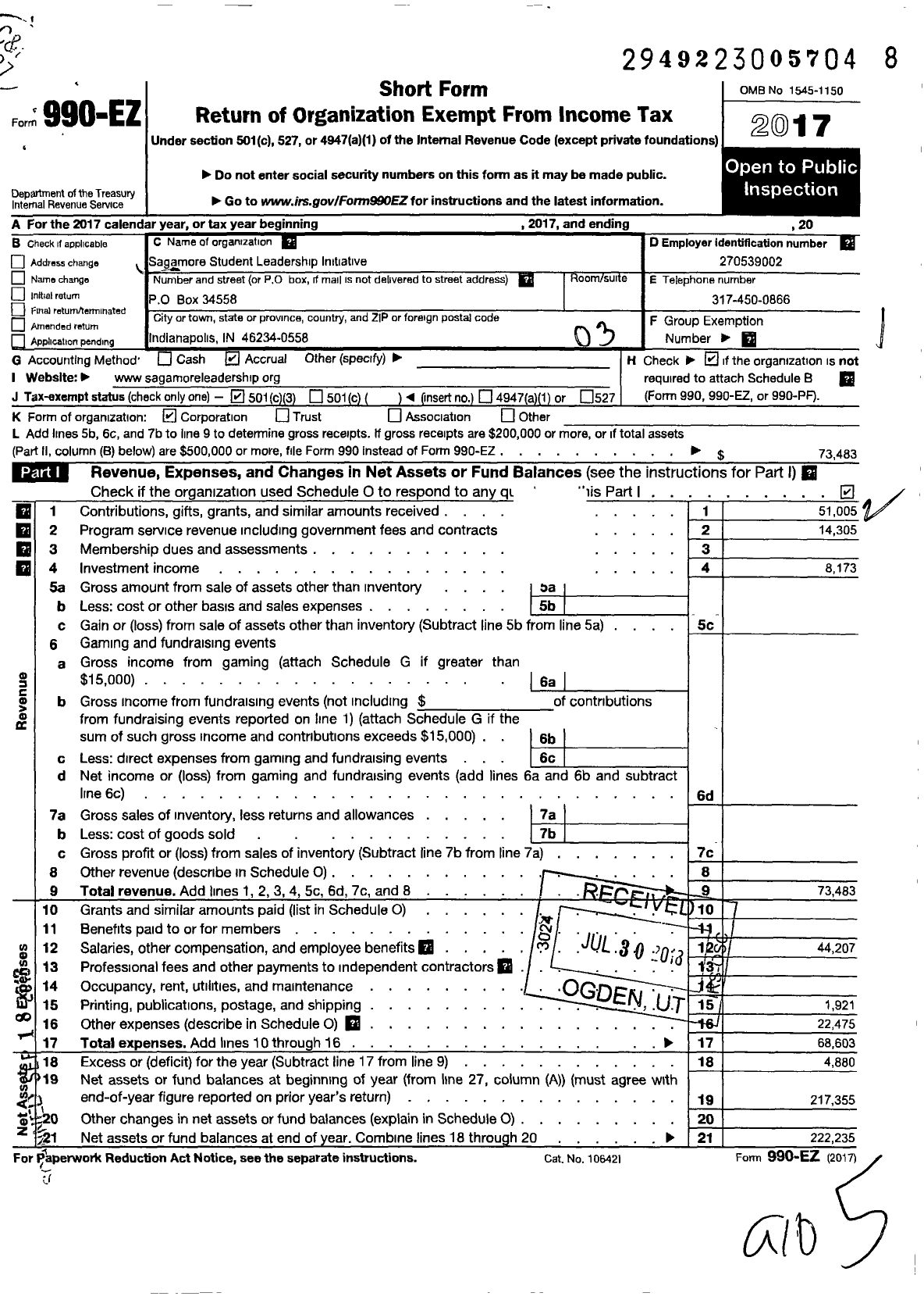 Image of first page of 2017 Form 990EZ for Sagamore Student Leadership Initiative