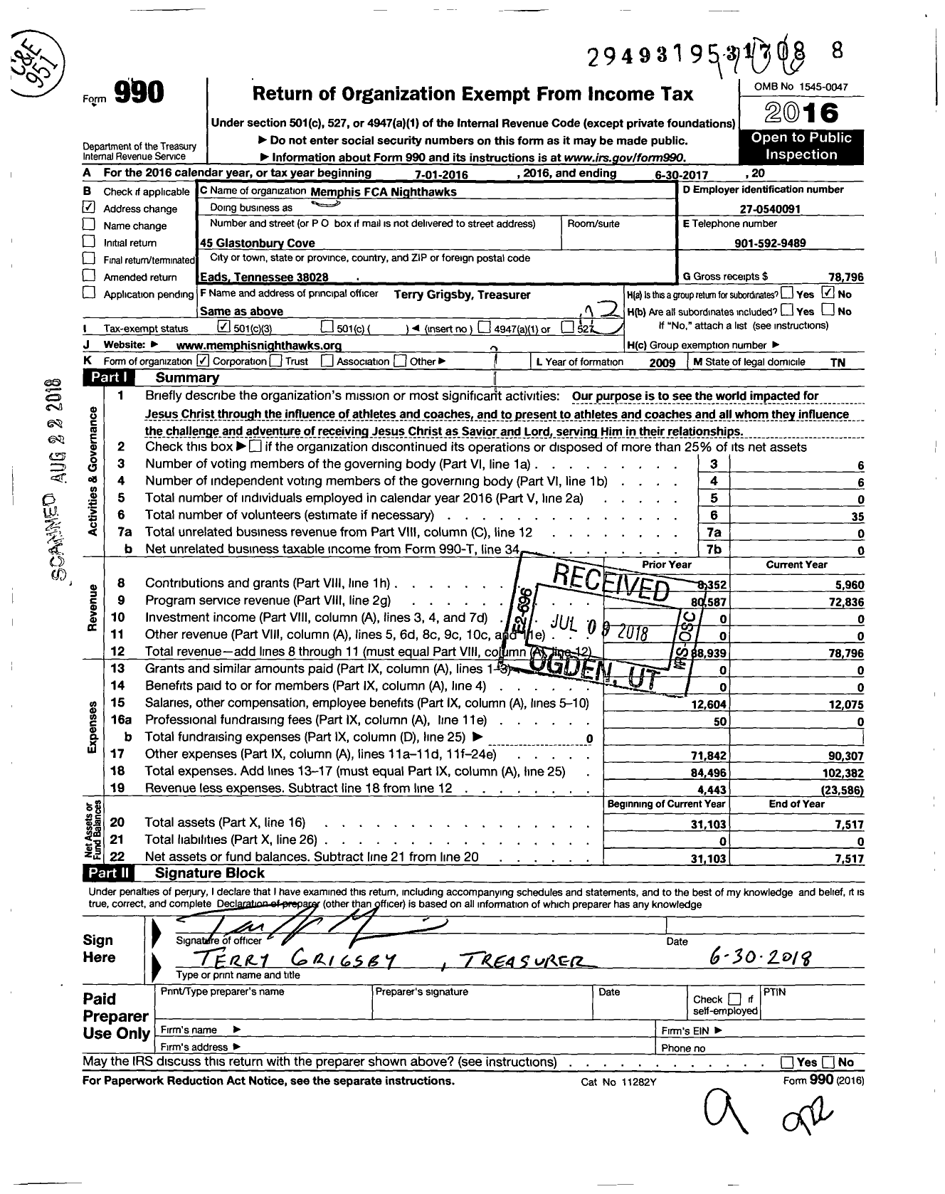 Image of first page of 2016 Form 990 for Memphis FCA Nighthawks