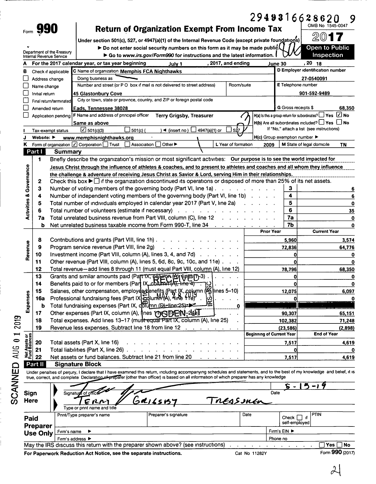 Image of first page of 2017 Form 990 for Memphis FCA Nighthawks