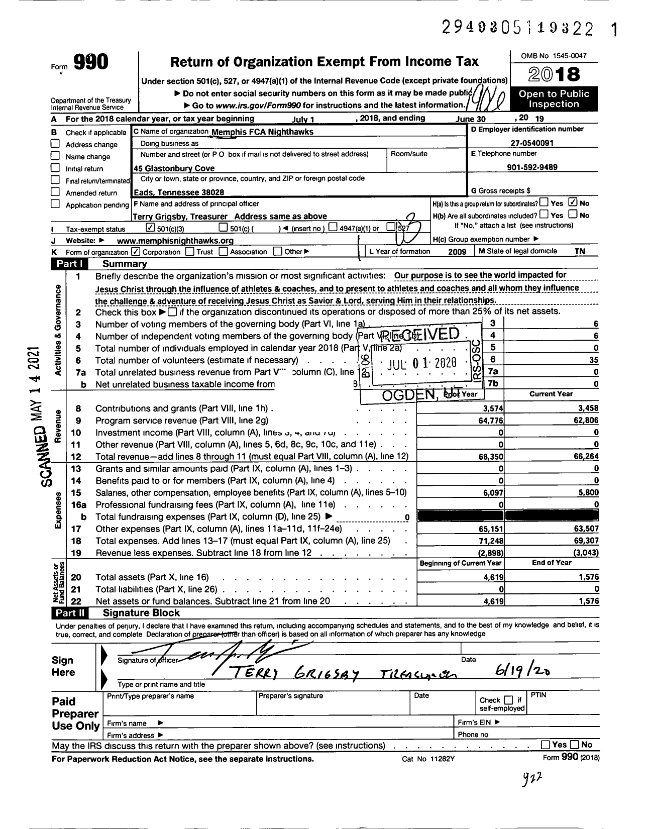 Image of first page of 2018 Form 990 for Memphis FCA Nighthawks