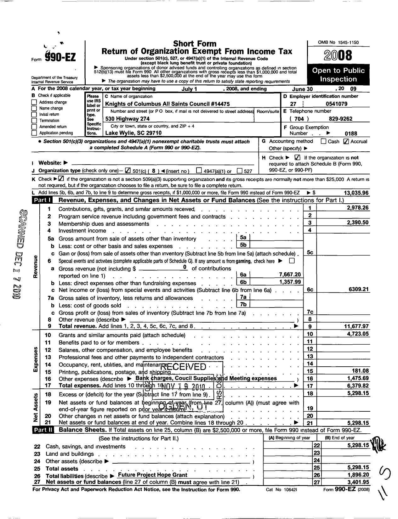 Image of first page of 2008 Form 990EO for Knights of Columbus - 14475 All Saints Council