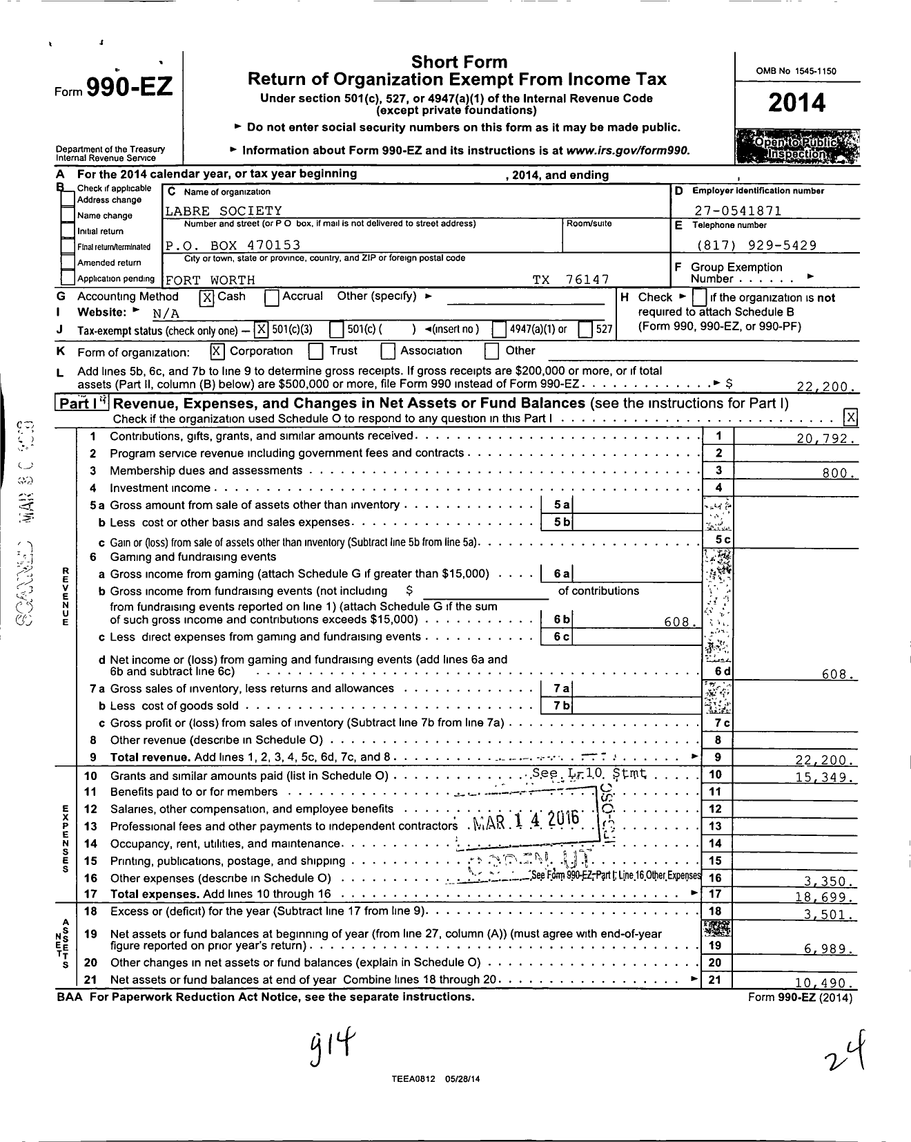 Image of first page of 2014 Form 990EZ for Labre Society