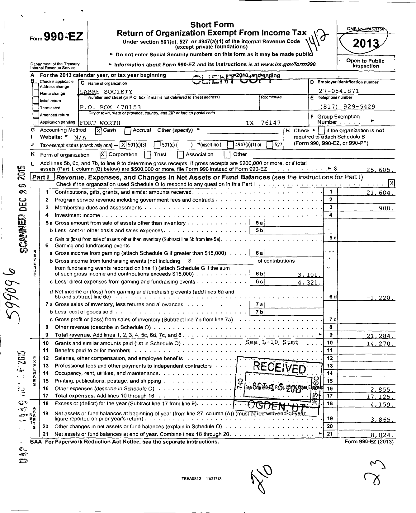 Image of first page of 2014 Form 990EZ for Labre Society