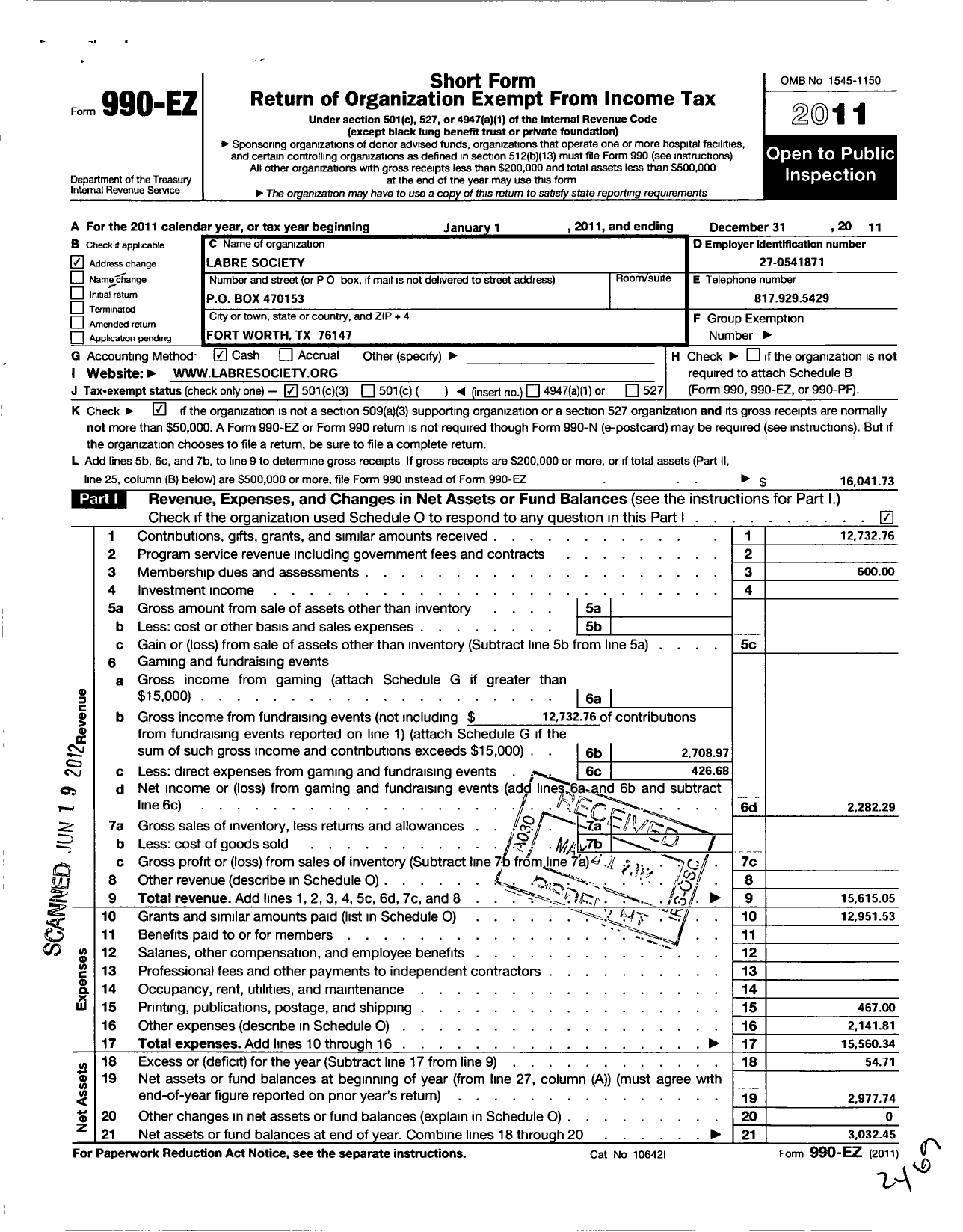 Image of first page of 2011 Form 990EZ for Labre Society