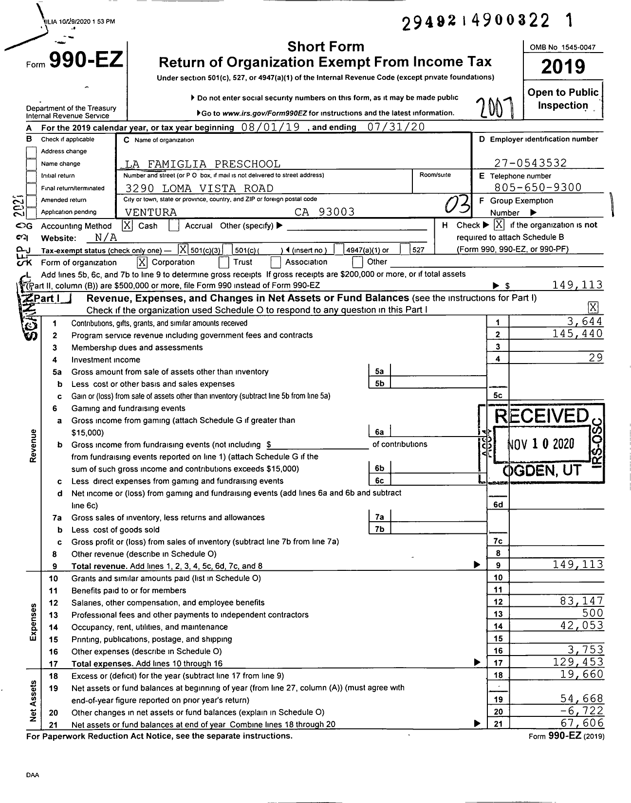 Image of first page of 2019 Form 990EZ for La Famiglia Preschool