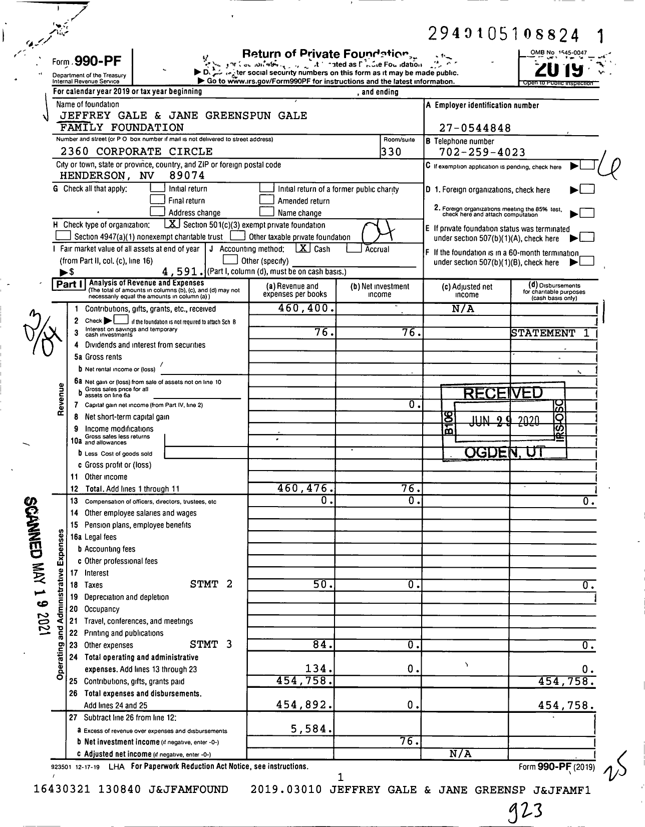 Image of first page of 2019 Form 990PF for Jeffrey and Jane Greenspun Gale