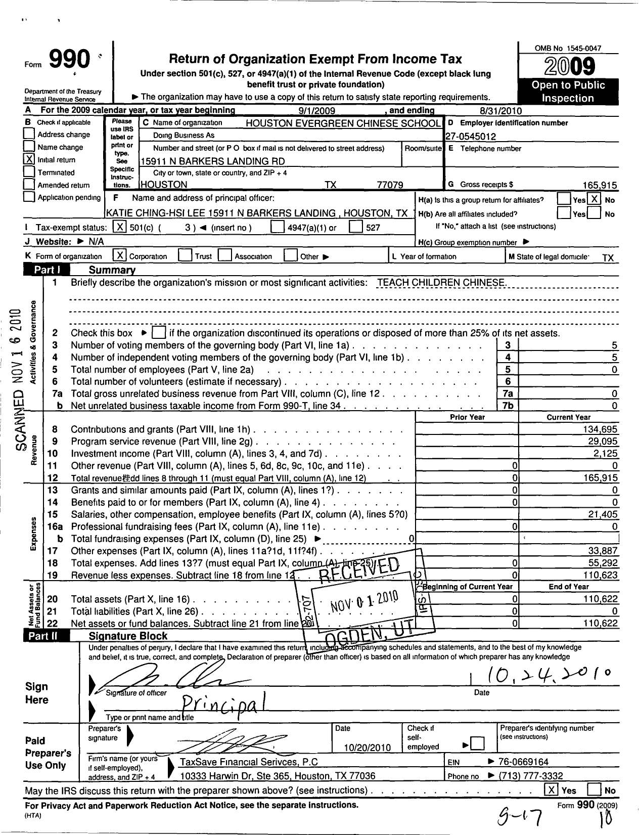 Image of first page of 2009 Form 990 for Houston Evergreen Chinese School