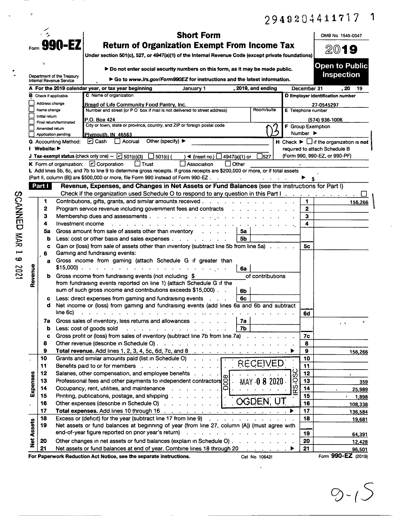 Image of first page of 2019 Form 990EZ for Bread of Life Community Food Pantry